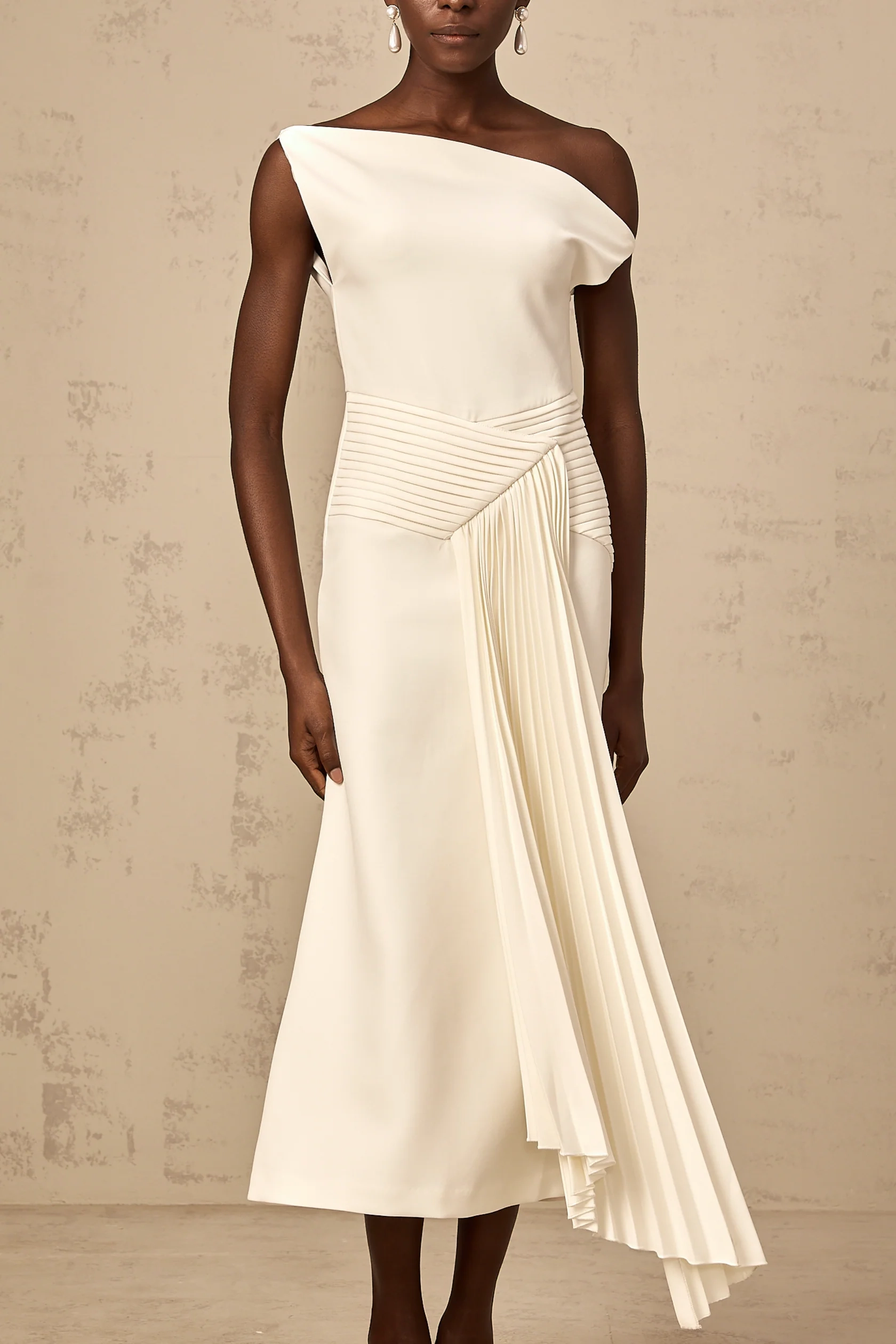 White One - Shoulder Pleated Midi Dress asymmetrical draped midi dress in White Evening Dress