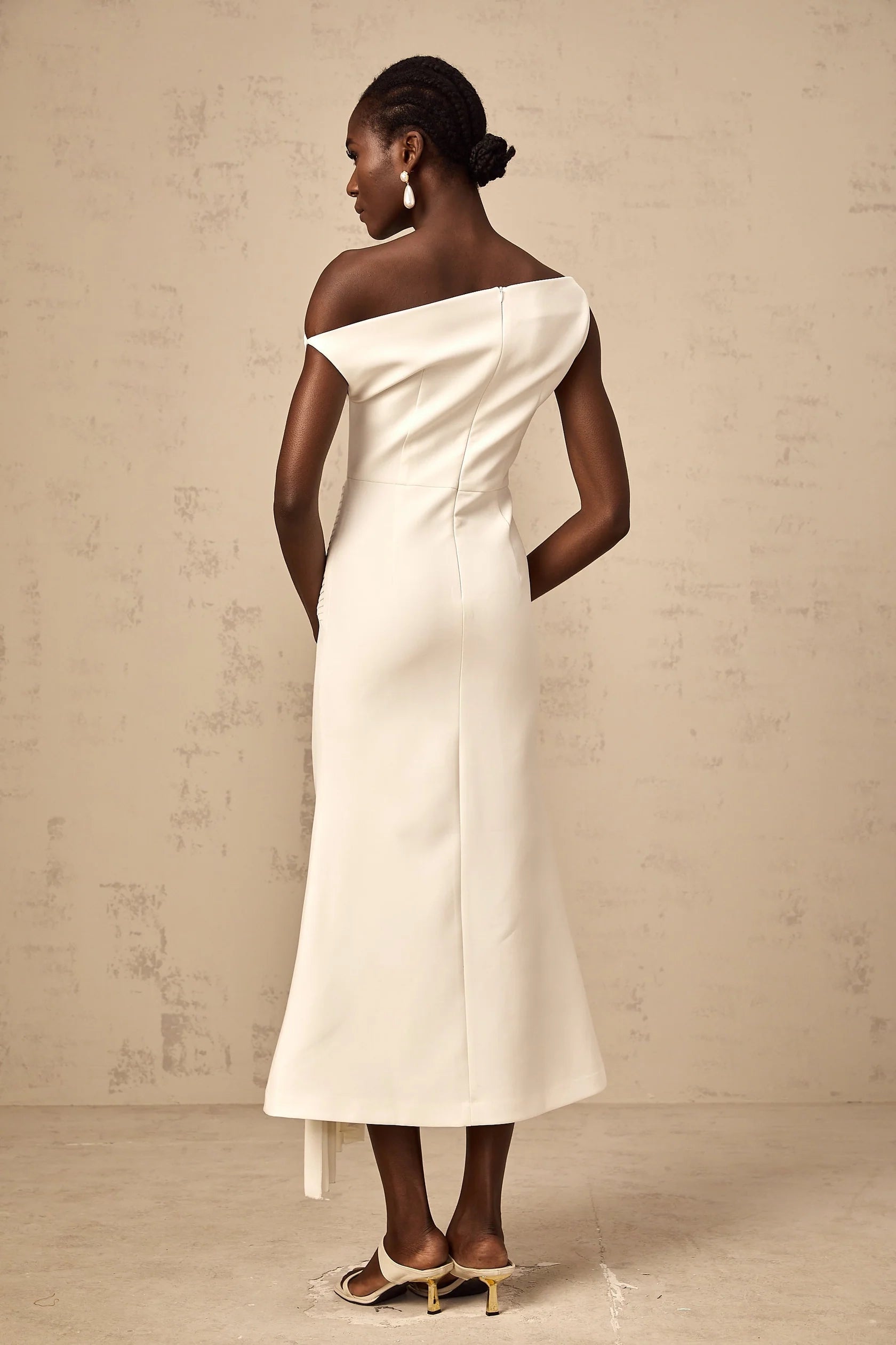 White One - Shoulder Pleated Midi Dress asymmetrical draped midi dress in White Evening Dress