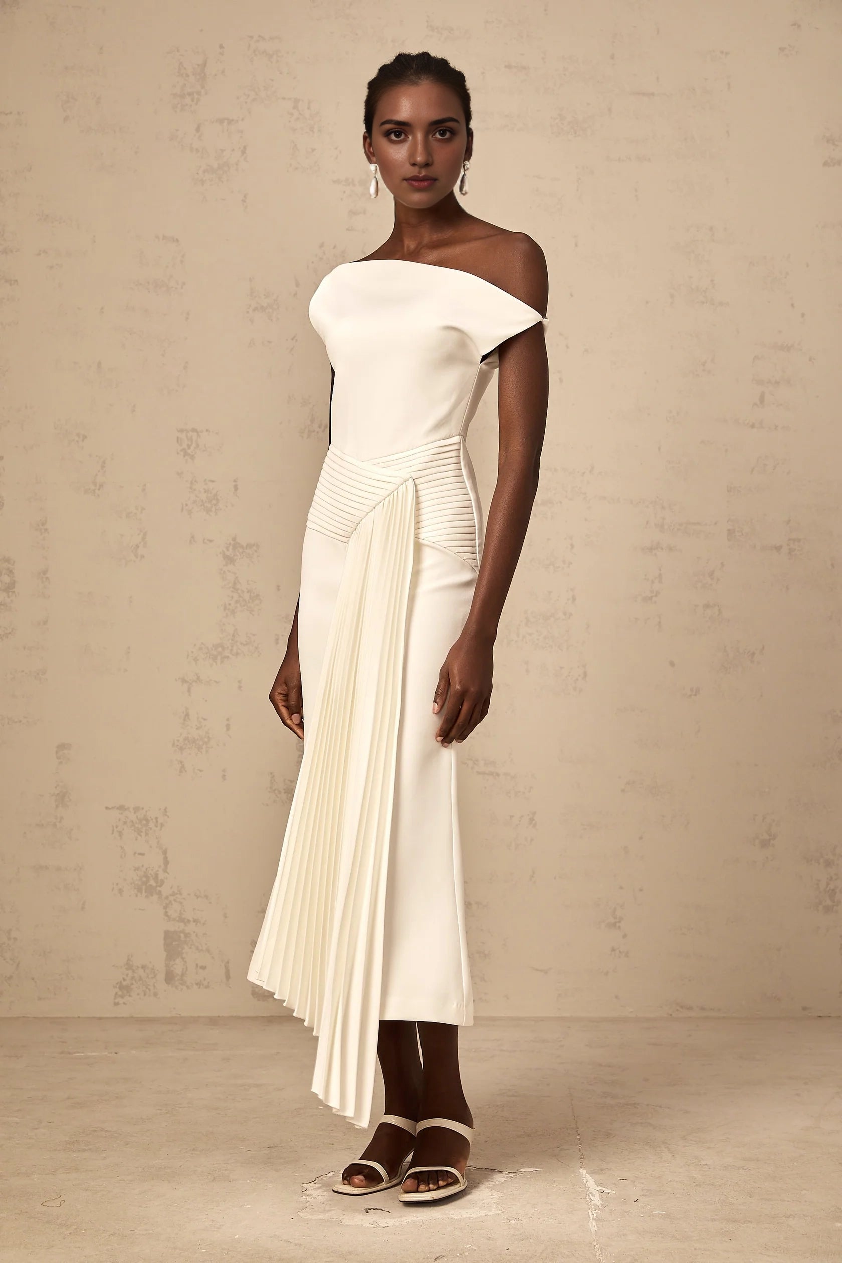White One - Shoulder Pleated Midi Dress asymmetrical draped midi dress in White Evening Dress