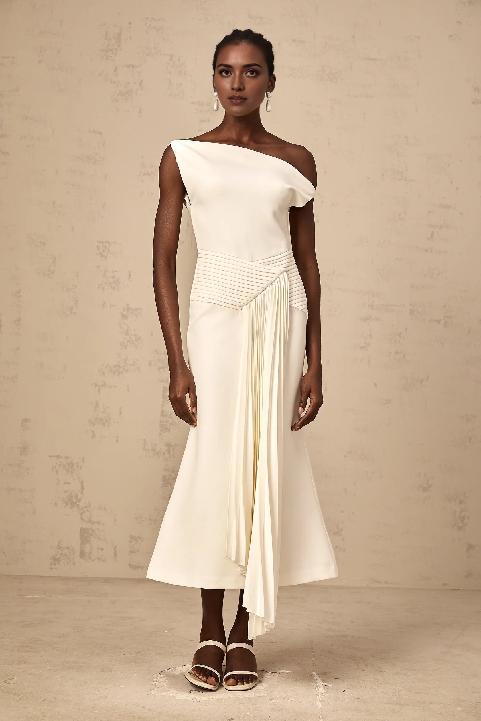 White One - Shoulder Pleated Midi Dress asymmetrical draped midi dress in White Evening Dress