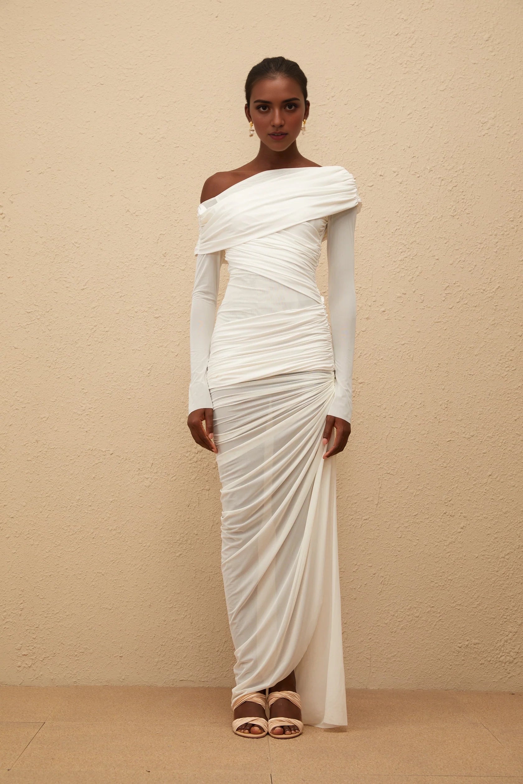 White One - Shoulder Ruched Long Sleeve Evening Gown White Asymmetrical Ruched Mesh Maxi Dress Evening Dress