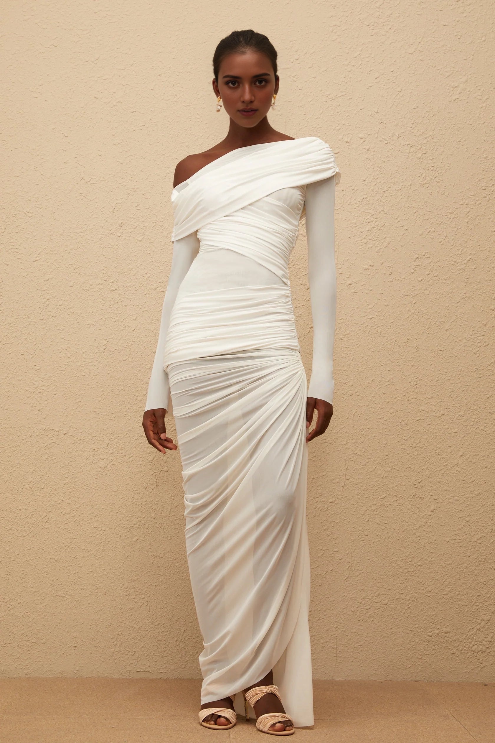 White One - Shoulder Ruched Long Sleeve Evening Gown White Asymmetrical Ruched Mesh Maxi Dress Evening Dress