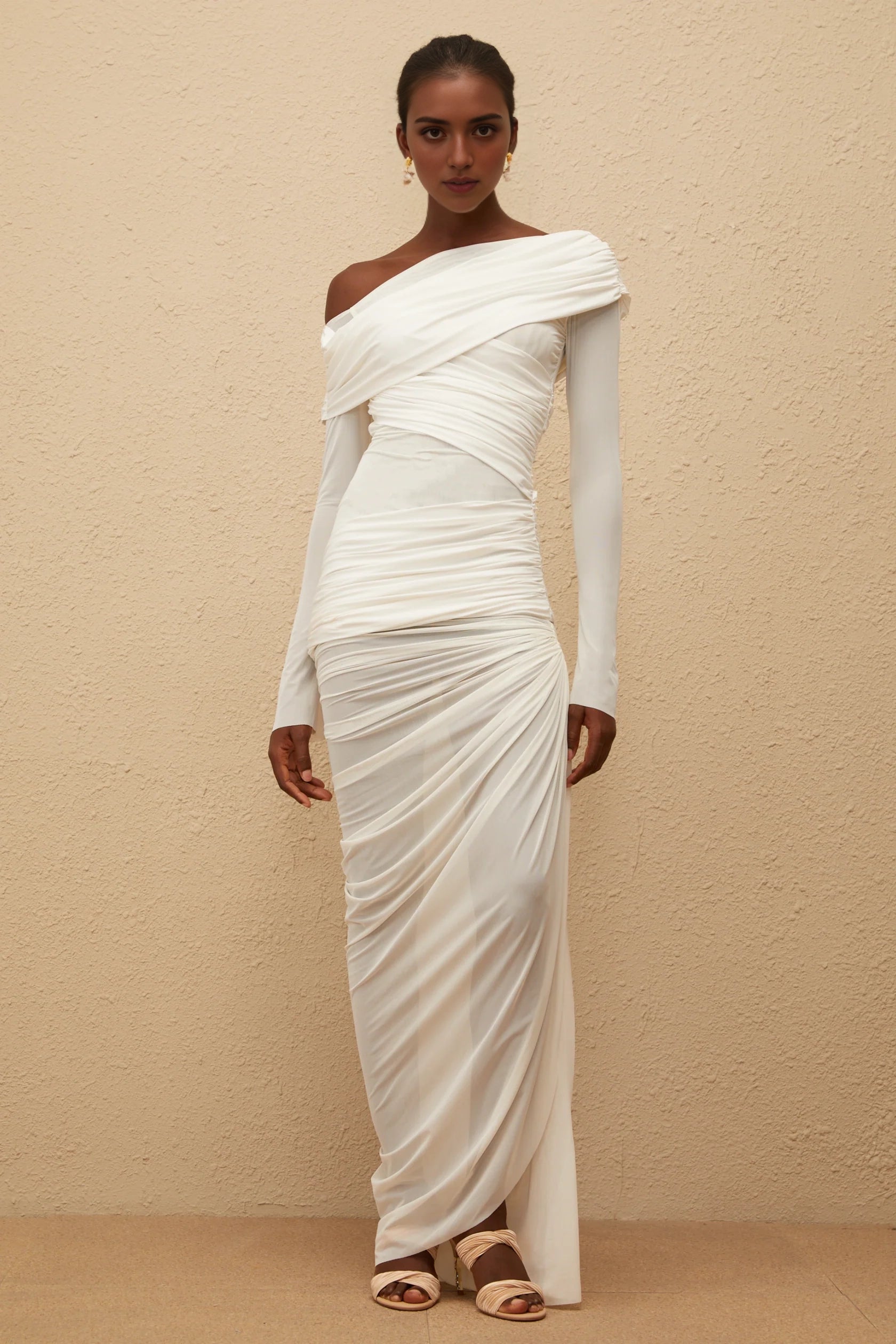 White One - Shoulder Ruched Long Sleeve Evening Gown White Asymmetrical Ruched Mesh Maxi Dress Evening Dress