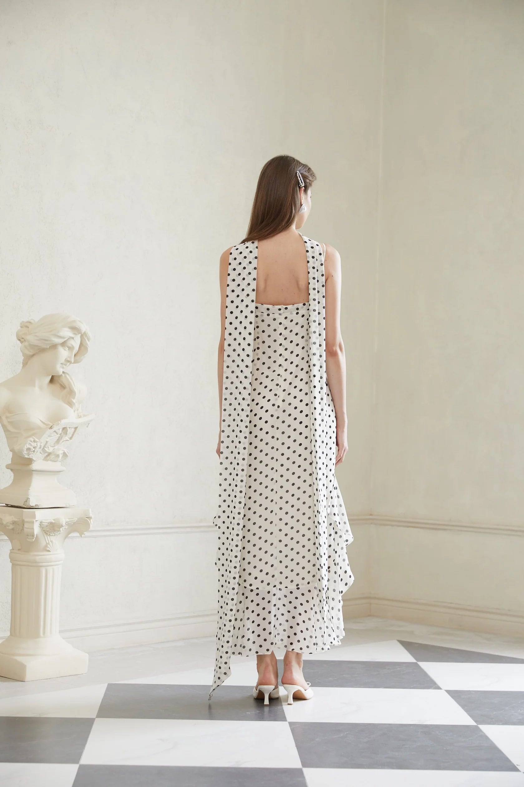 White Polka Dot Halter Neck Maxi Dress with Draped Detail Rhea White Polka Dot Ruffled Maxi Dress Evening Dress