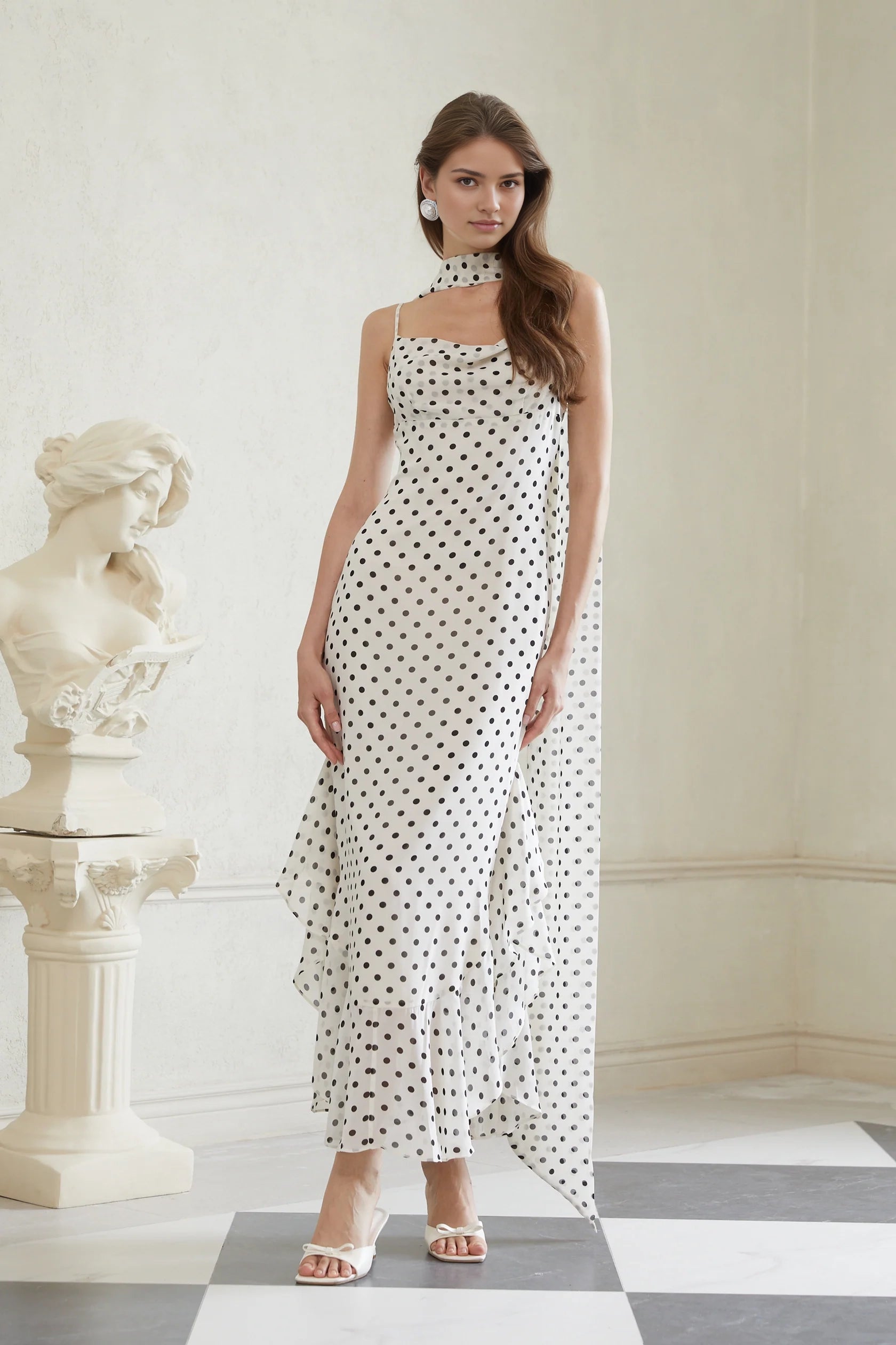 White Polka Dot Halter Neck Maxi Dress with Draped Detail Rhea White Polka Dot Ruffled Maxi Dress Evening Dress
