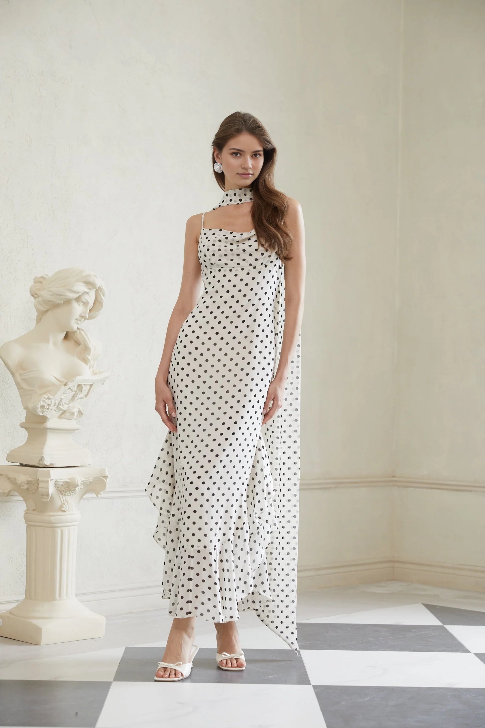 White Polka Dot Halter Neck Maxi Dress with Draped Detail Rhea White Polka Dot Ruffled Maxi Dress Evening Dress