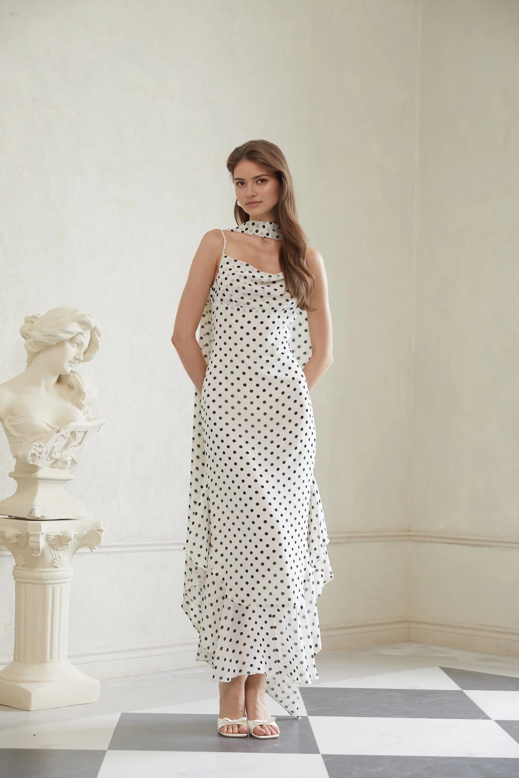 White Polka Dot Halter Neck Maxi Dress with Draped Detail Rhea White Polka Dot Ruffled Maxi Dress Evening Dress