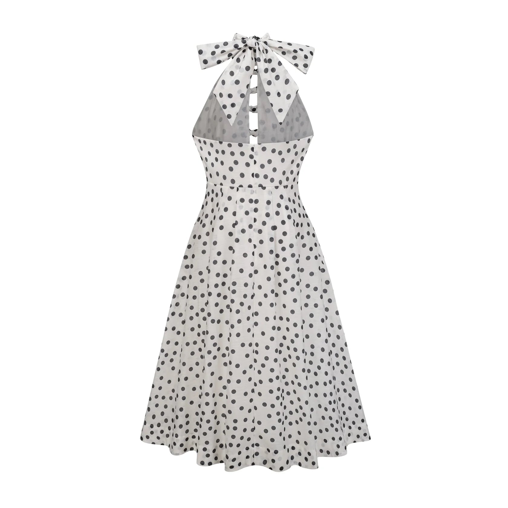White Polka Dot Halter Neck Midi Dress with Tie - Back Audrey white bowknot polka-dot midi dress Evening Dress