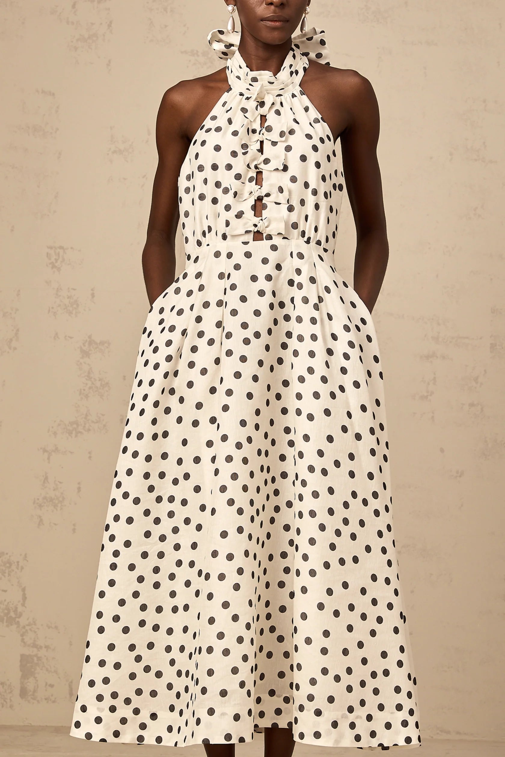 White Polka Dot Halter Neck Midi Dress with Tie - Back Audrey white bowknot polka-dot midi dress Evening Dress