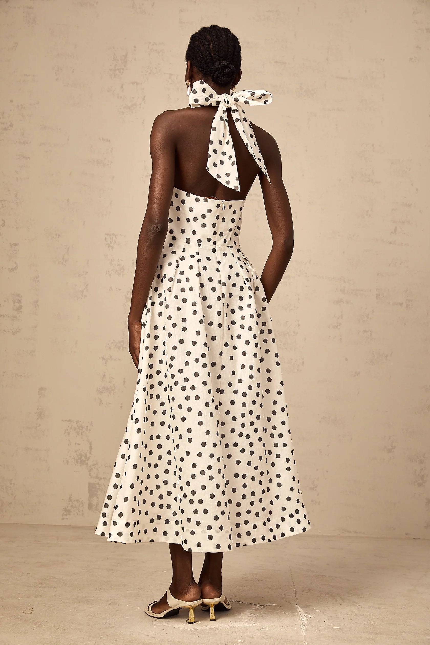 White Polka Dot Halter Neck Midi Dress with Tie - Back Audrey white bowknot polka-dot midi dress Evening Dress