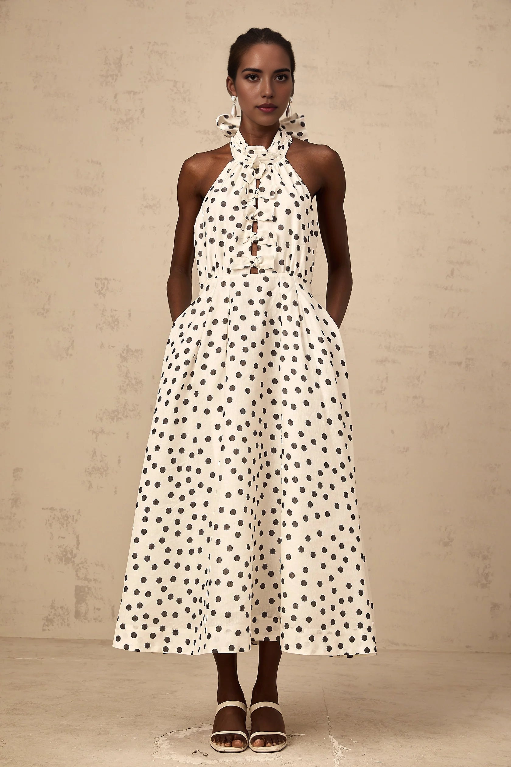 White Polka Dot Halter Neck Midi Dress with Tie - Back Audrey white bowknot polka-dot midi dress Evening Dress