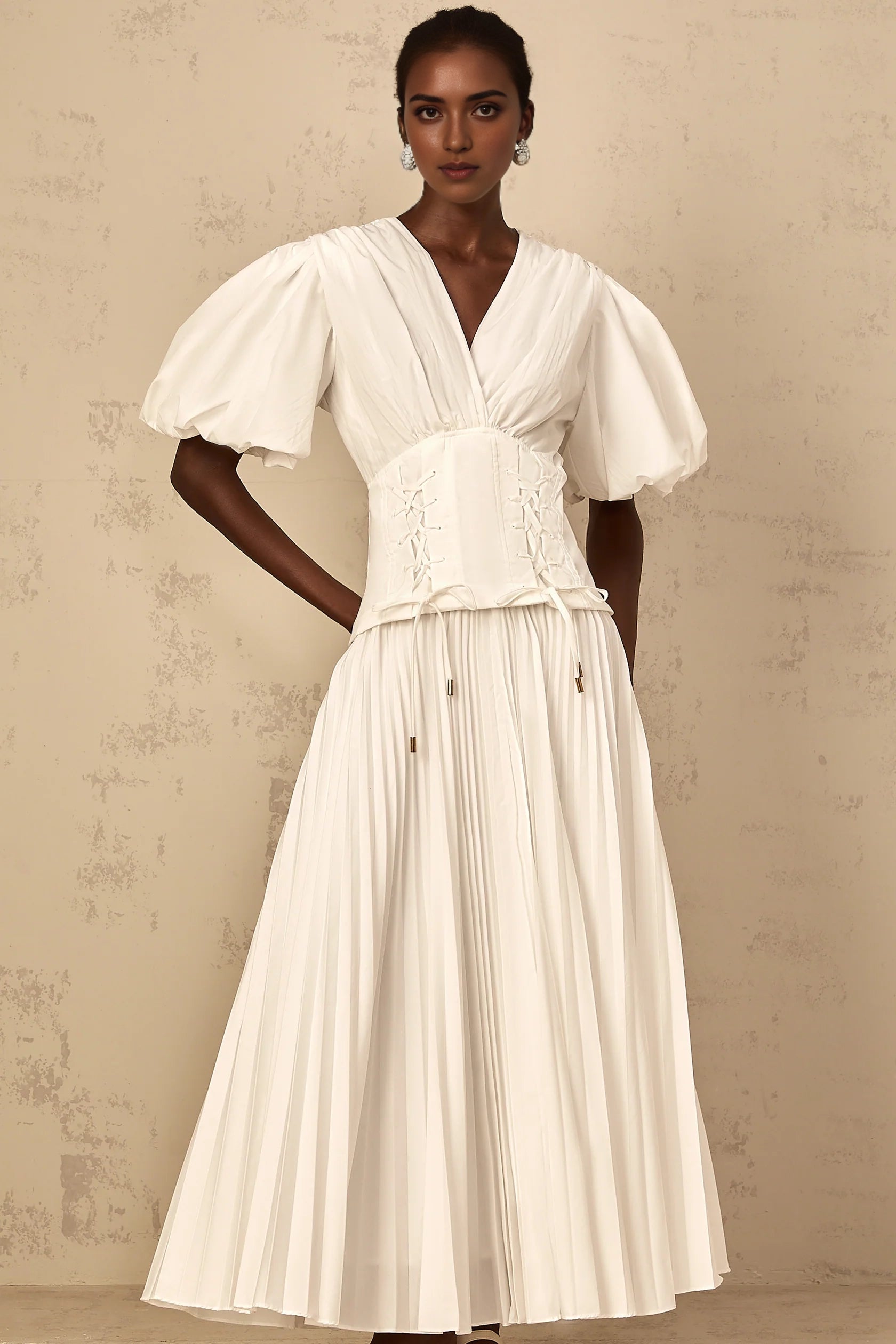 White Puff Sleeve Corset - Waist Maxi Dress Vienne White Lace-Up Pleated Maxi Dress Evening Dress