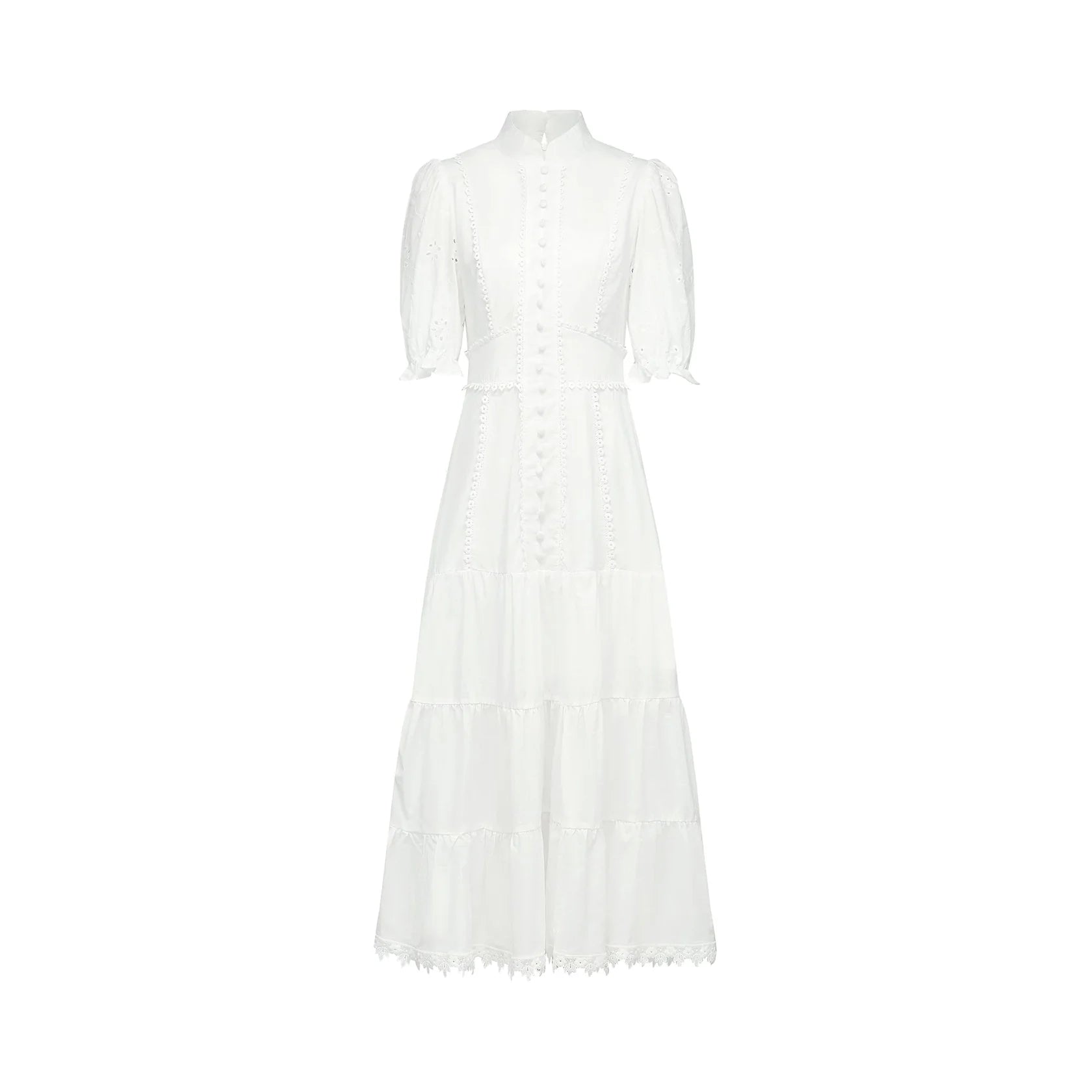 White Puff Sleeve Tiered Midi Dress with Lace Detail lace floral-embroidered midi dress Evening Dress