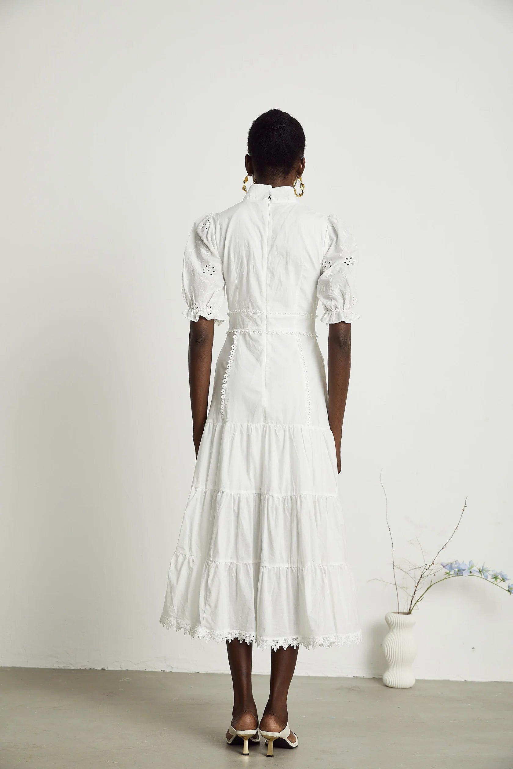 White Puff Sleeve Tiered Midi Dress with Lace Detail lace floral-embroidered midi dress Evening Dress