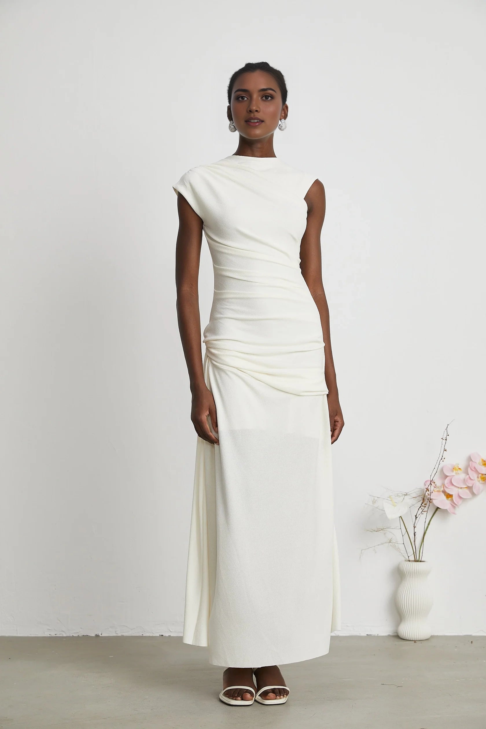 White Ruched Cap - Sleeve Maxi Dress jersey-knit draped maxi dress   Evening Dress