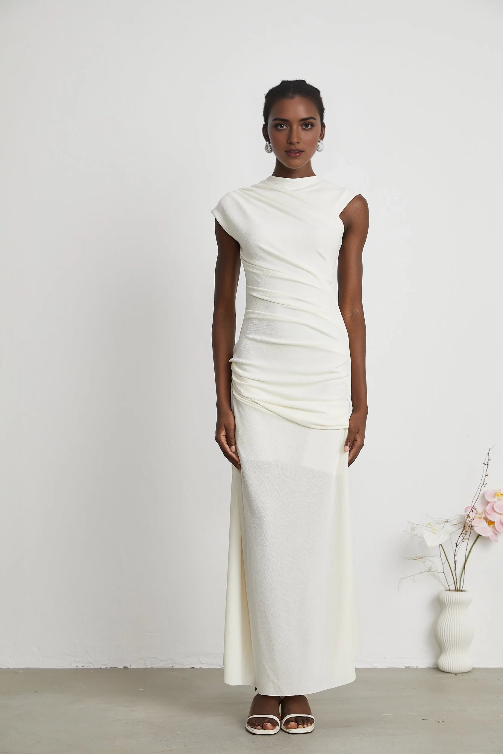 White Ruched Cap - Sleeve Maxi Dress jersey-knit draped maxi dress   Evening Dress