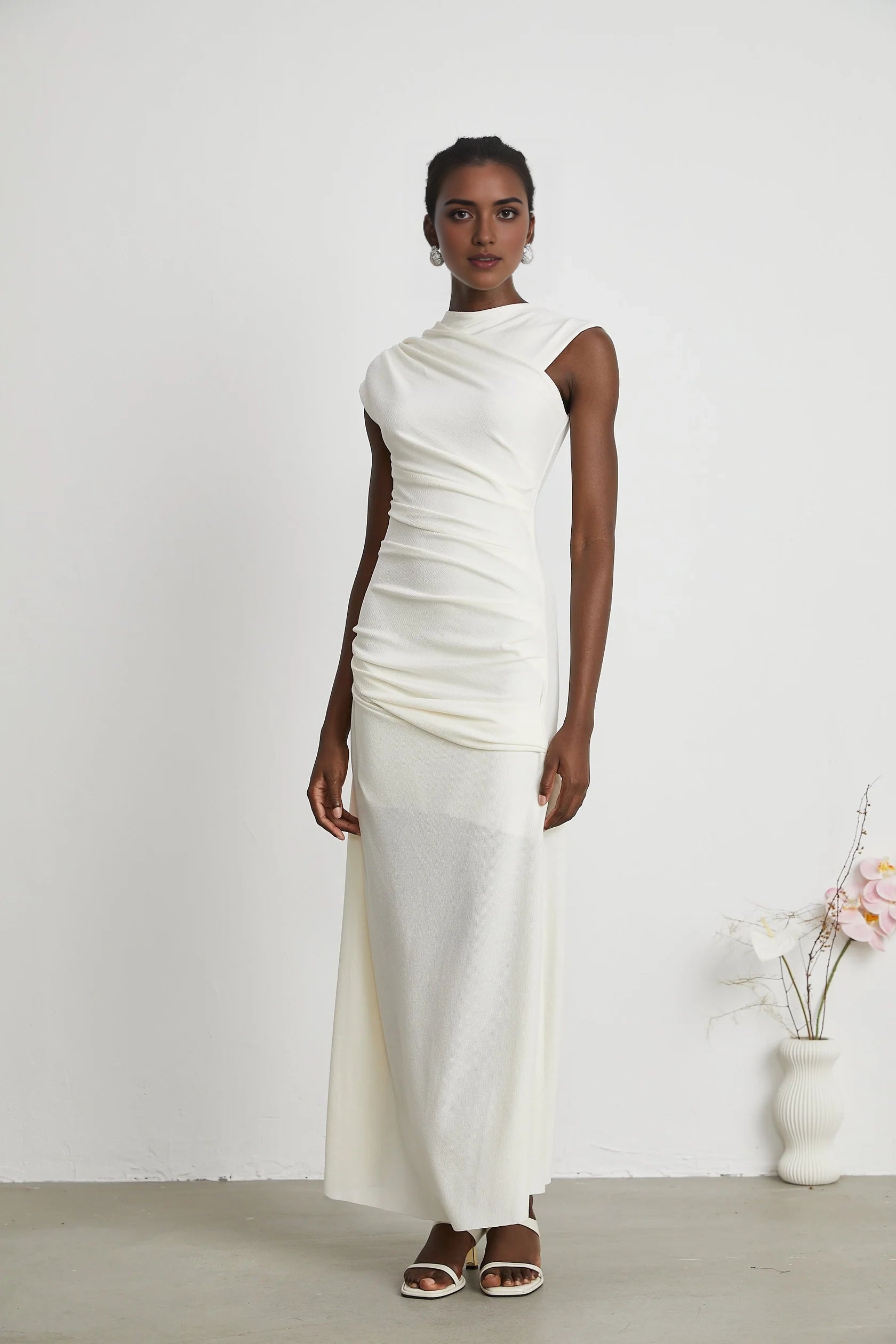 White Ruched Cap - Sleeve Maxi Dress jersey-knit draped maxi dress   Evening Dress