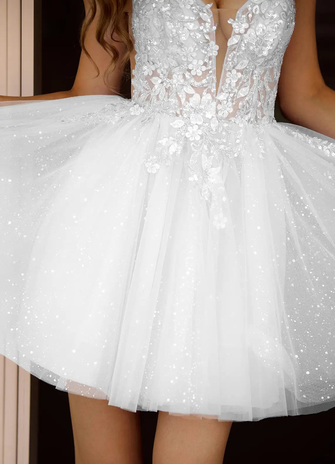 White Sequin Floral Appliqué Tulle Mini Dress Incanto White Mini Dress  Homecoming Dresses