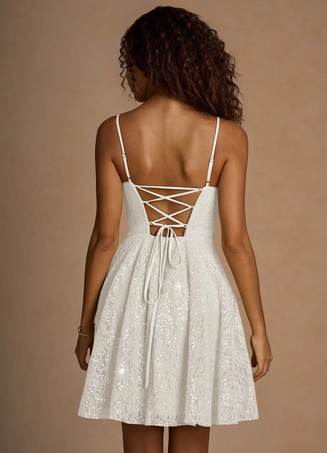 White Sequin Lace Mini Dress with Criss - Cross Back White Sequin Lace Mini Dress with Criss - Cross Back Homecoming Dresses