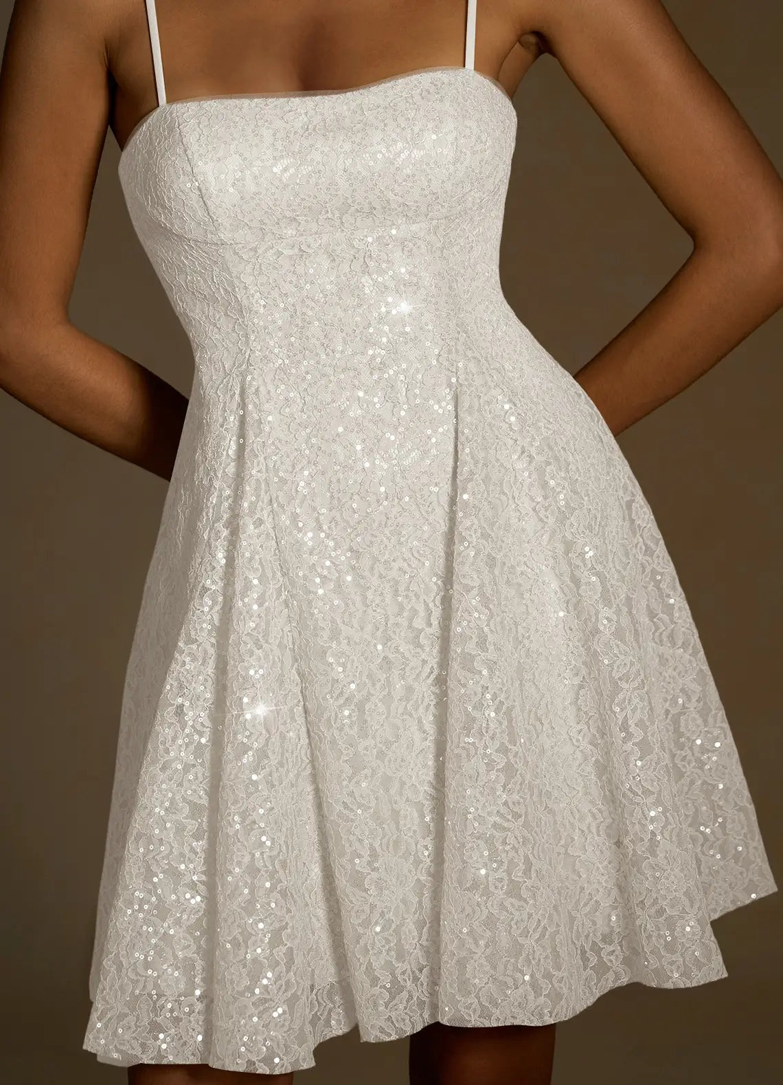 White Sequin Lace Mini Dress with Criss - Cross Back White Sequin Lace Mini Dress with Criss - Cross Back Homecoming Dresses