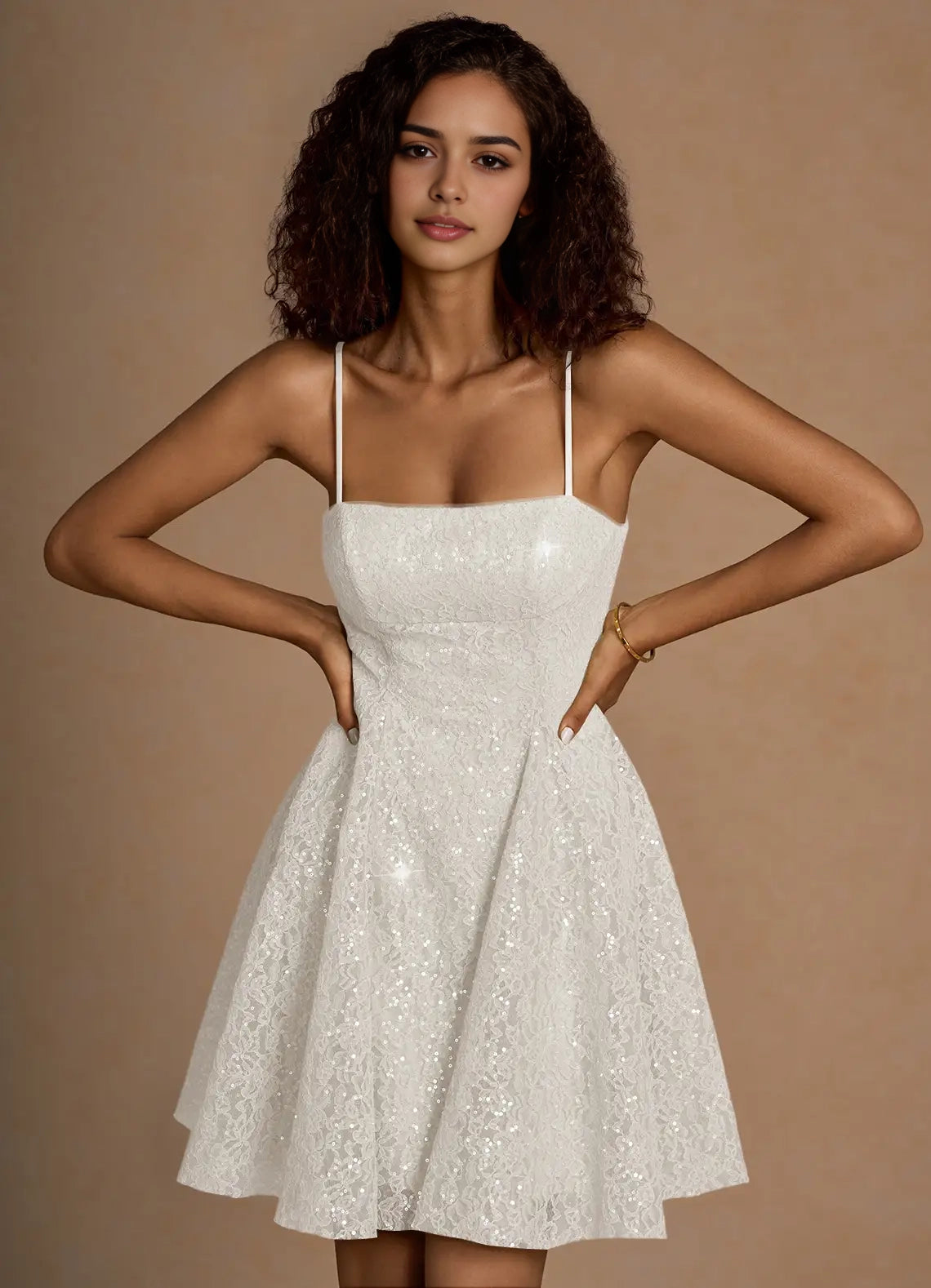 White Sequin Lace Mini Dress with Criss - Cross Back White Sequin Lace Mini Dress with Criss - Cross Back Homecoming Dresses