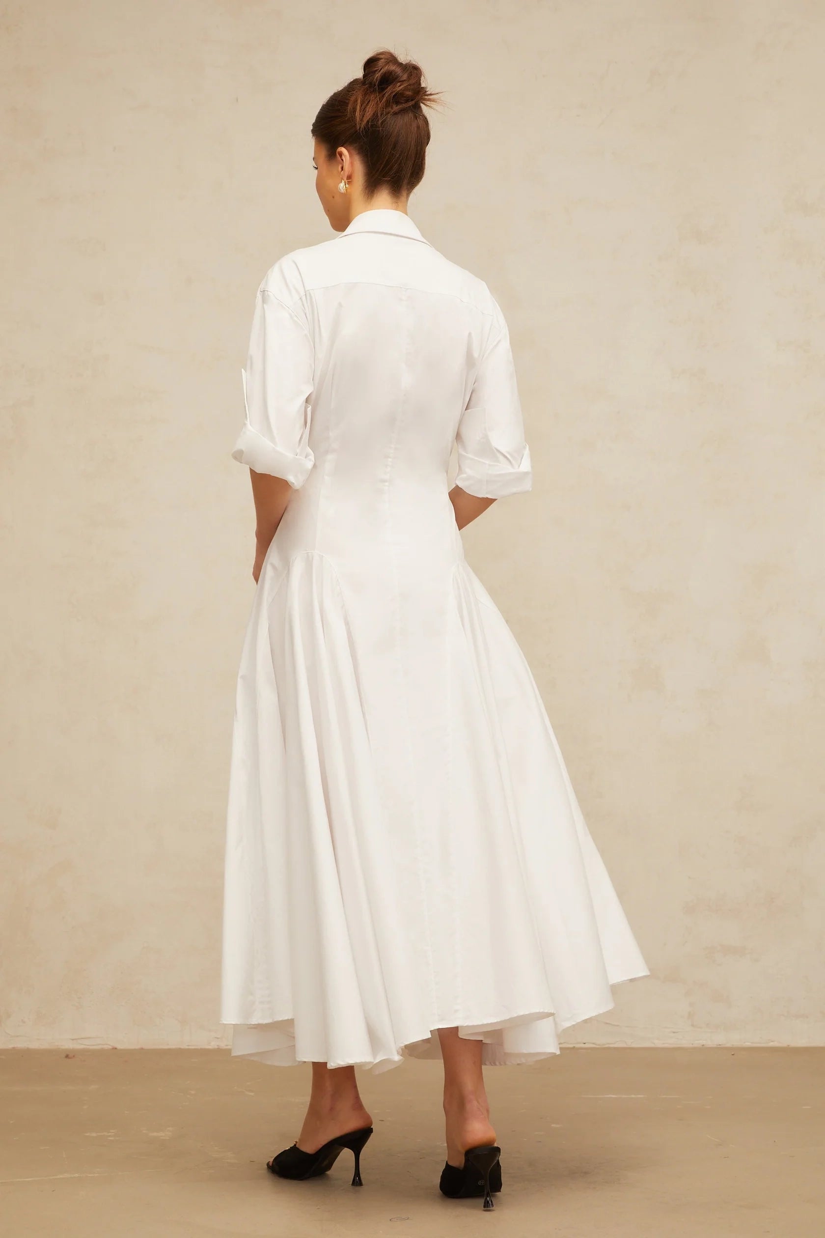 White Shirt Collar Midi Dress with Flared Skirt white front-slit shirred shirt dress Evening Dress