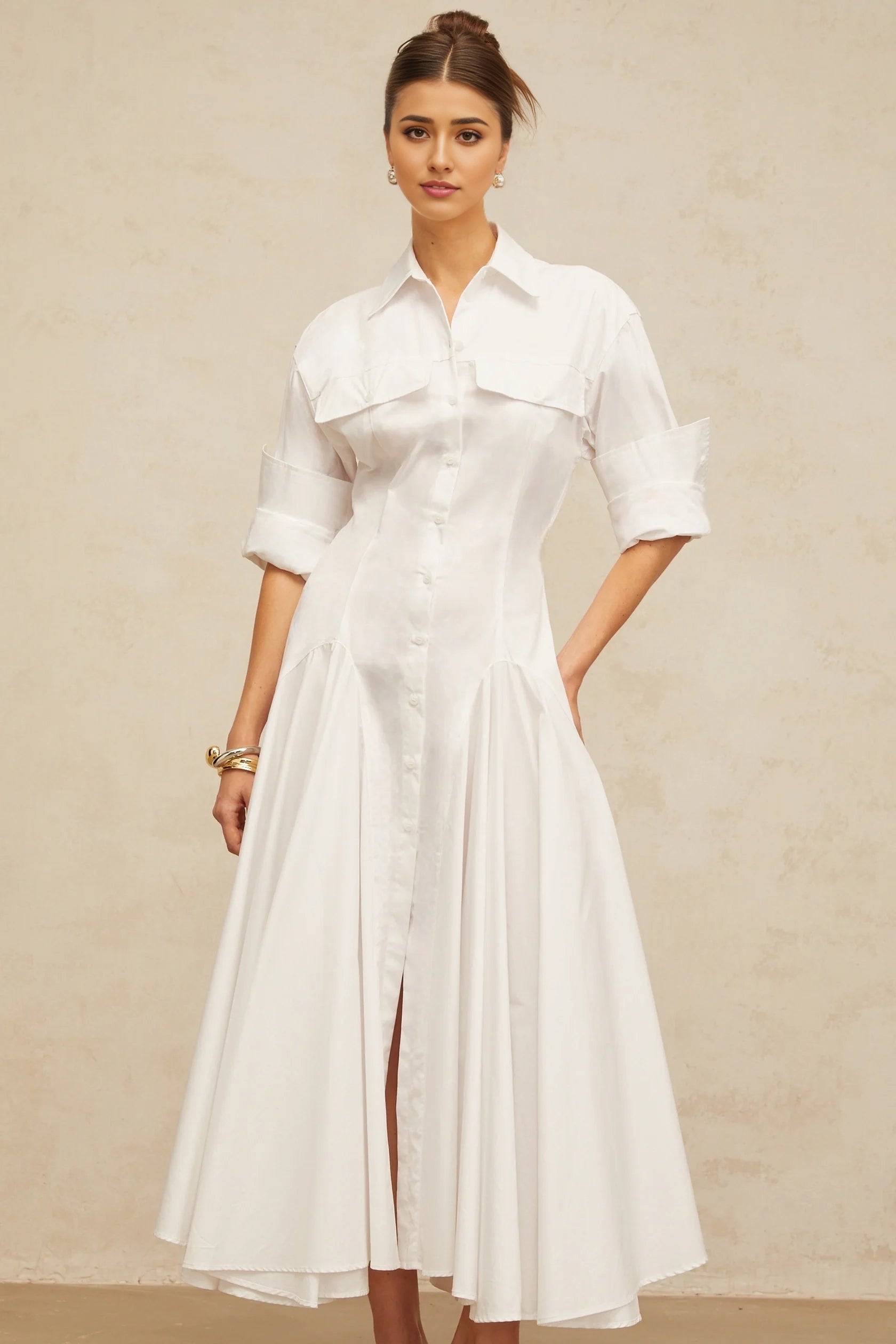 White Shirt Collar Midi Dress with Flared Skirt white front-slit shirred shirt dress Evening Dress