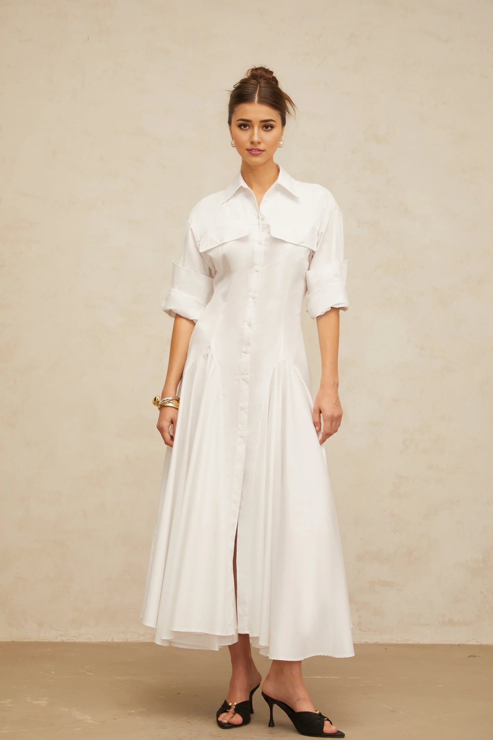 White Shirt Collar Midi Dress with Flared Skirt white front-slit shirred shirt dress Evening Dress