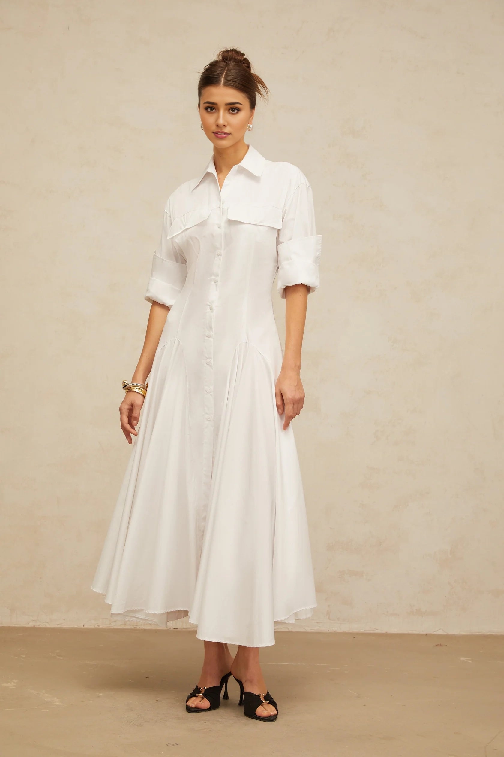 White Shirt Collar Midi Dress with Flared Skirt white front-slit shirred shirt dress Evening Dress