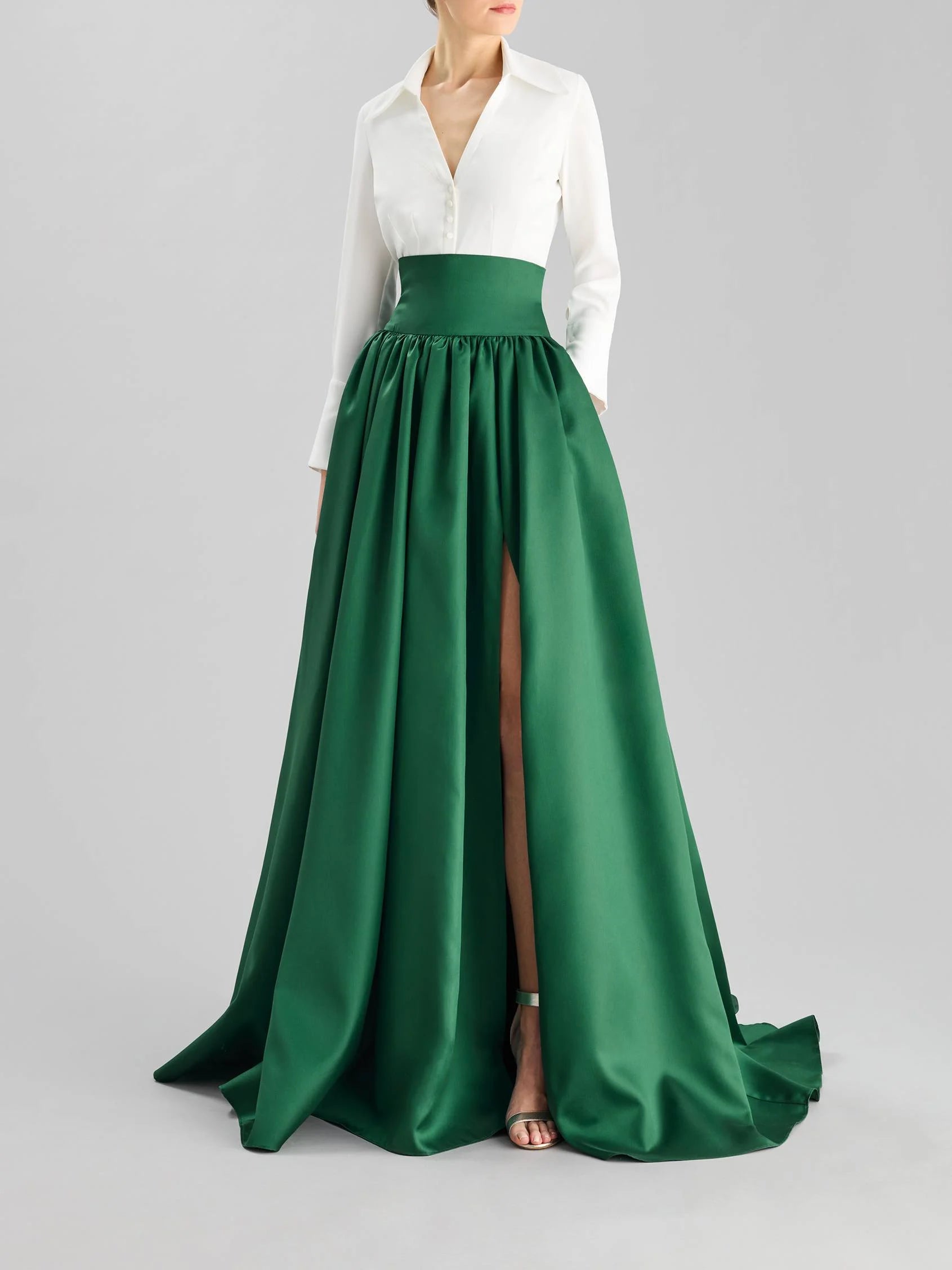 White Shirt with Emerald Green Satin Maxi Skirt Set Long-sleeve A-line party dress in Mikado Mother of the Bride Dresses