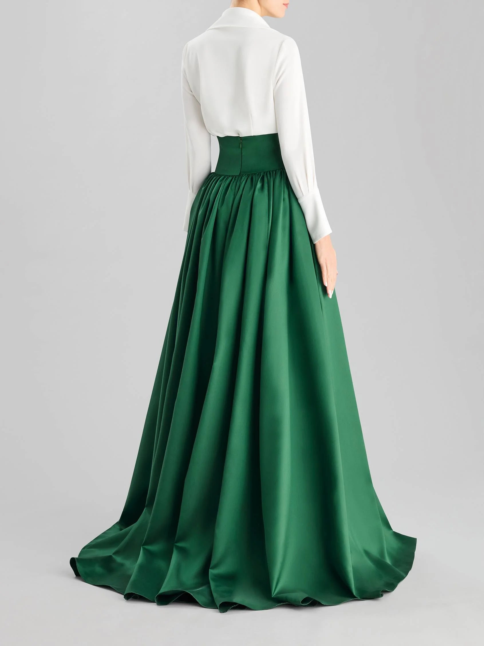 White Shirt with Emerald Green Satin Maxi Skirt Set Long-sleeve A-line party dress in Mikado Mother of the Bride Dresses