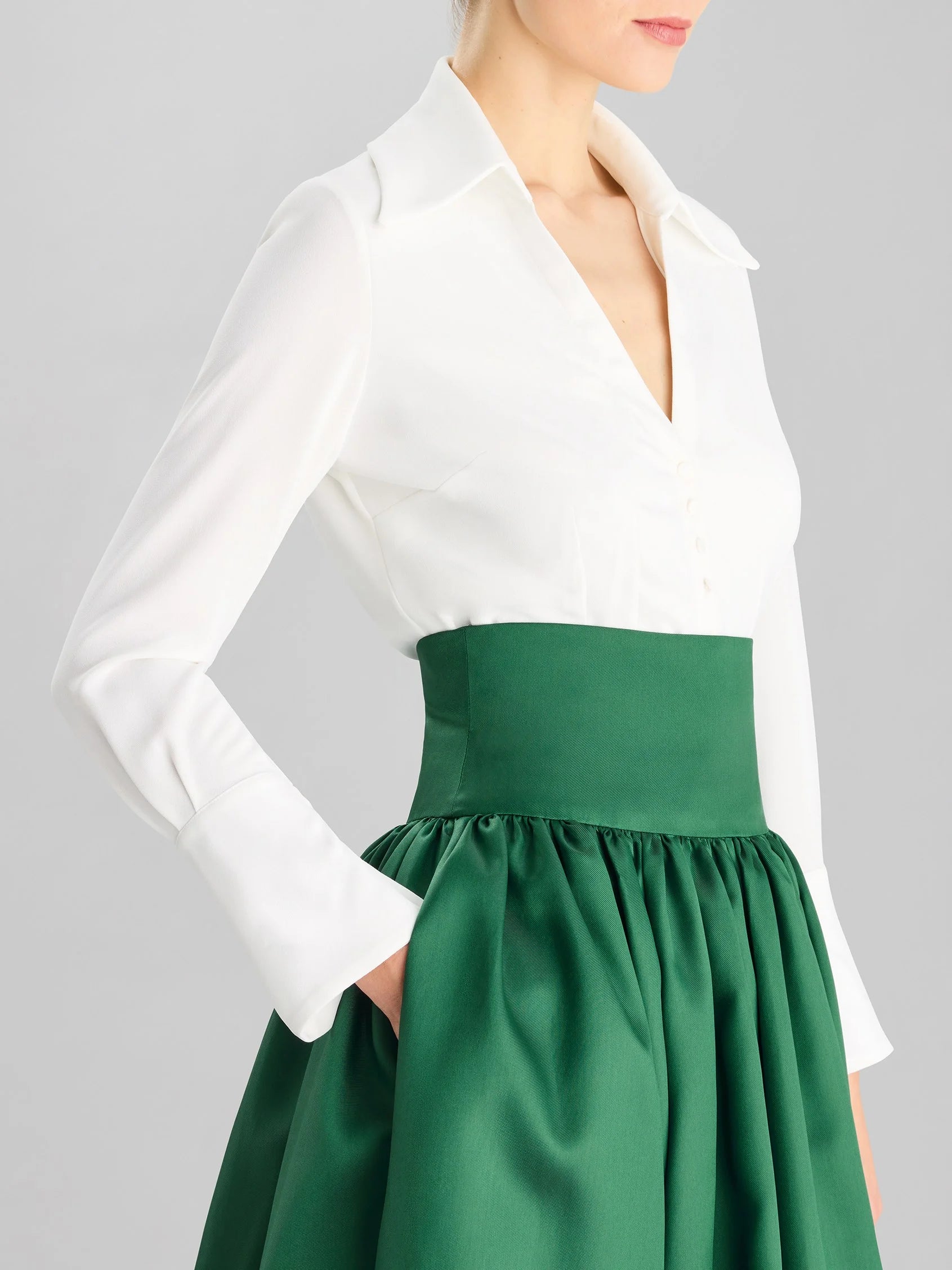 White Shirt with Emerald Green Satin Maxi Skirt Set Long-sleeve A-line party dress in Mikado Mother of the Bride Dresses