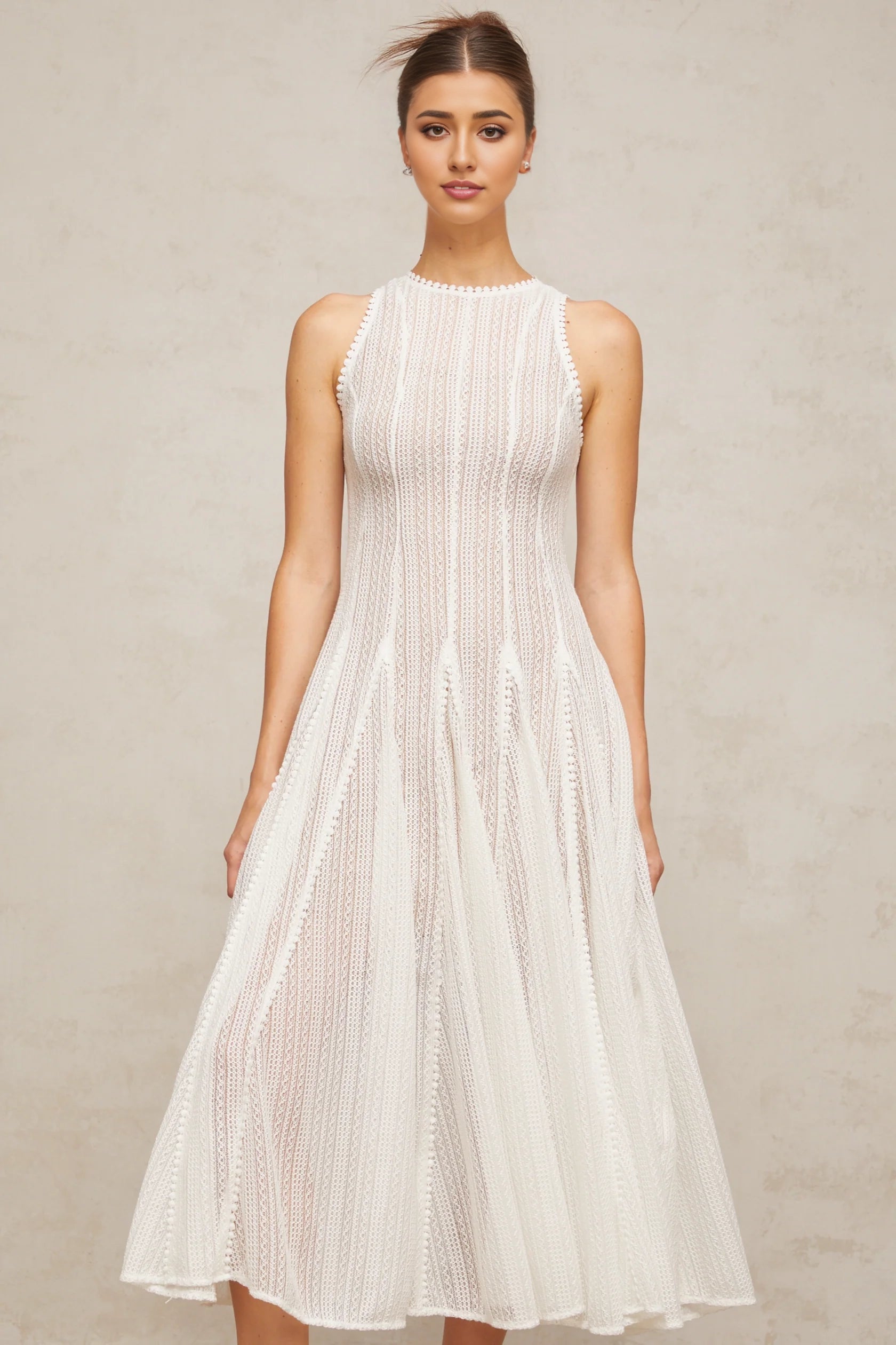 White Sleeveless Lace Midi Dress white pointelle puff midi dress Evening Dress