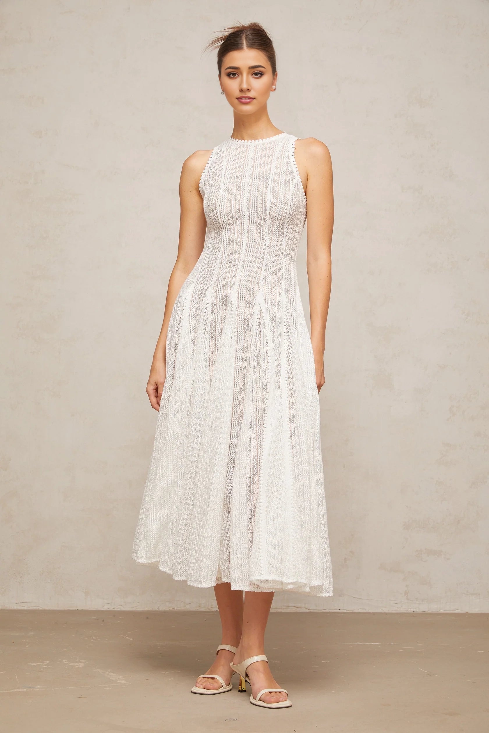 White Sleeveless Lace Midi Dress white pointelle puff midi dress Evening Dress