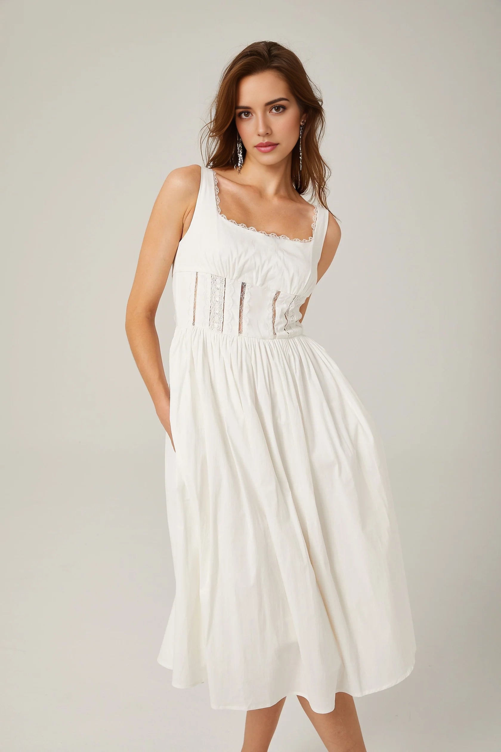 White Sleeveless Midi Dress with Lace Corset Detail white lace cut-out midi dress Evening Dress