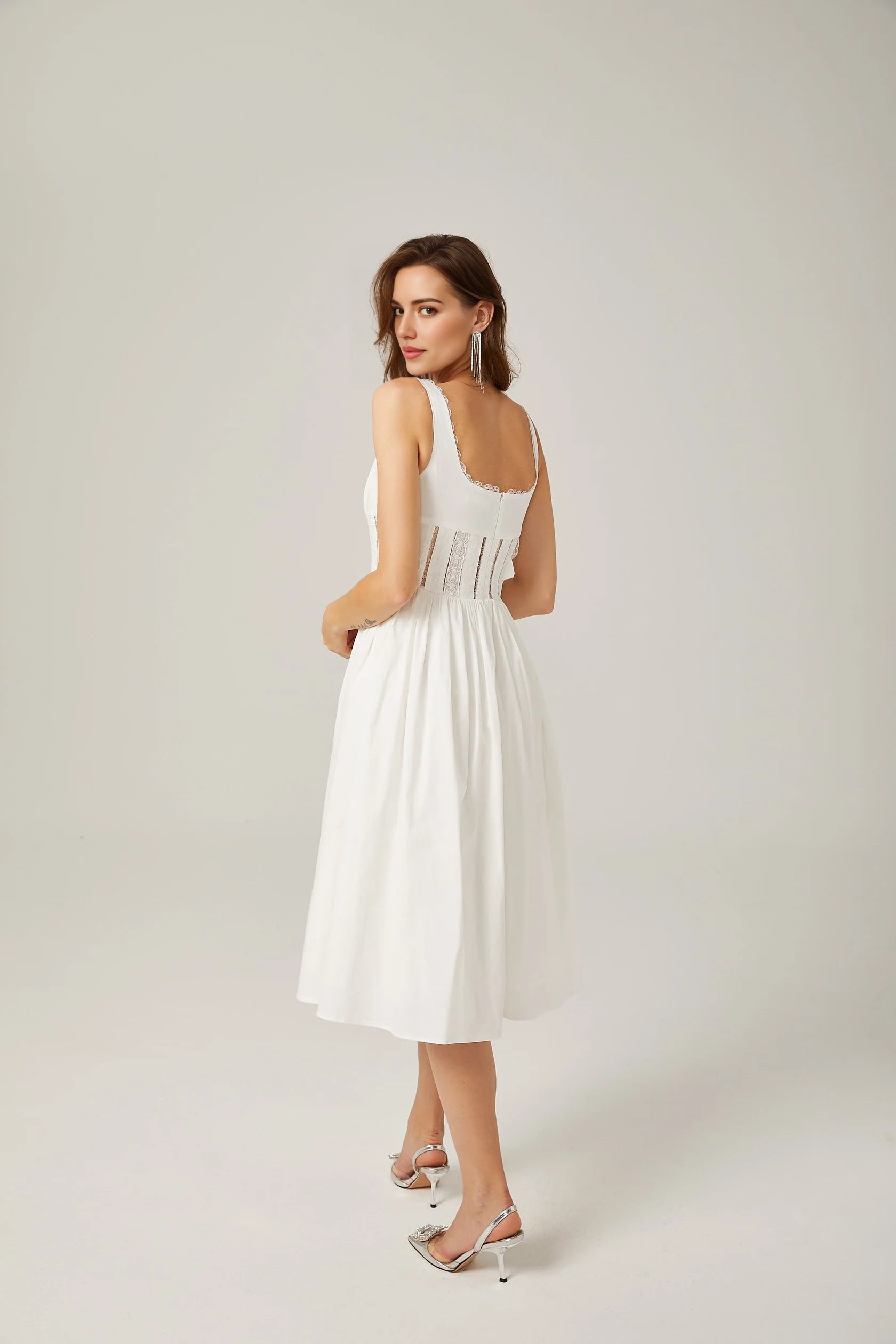 White Sleeveless Midi Dress with Lace Corset Detail white lace cut-out midi dress Evening Dress
