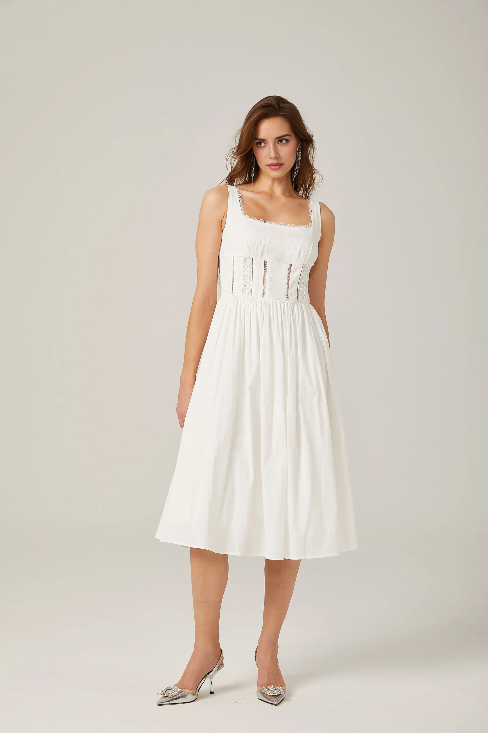 White Sleeveless Midi Dress with Lace Corset Detail white lace cut-out midi dress Evening Dress