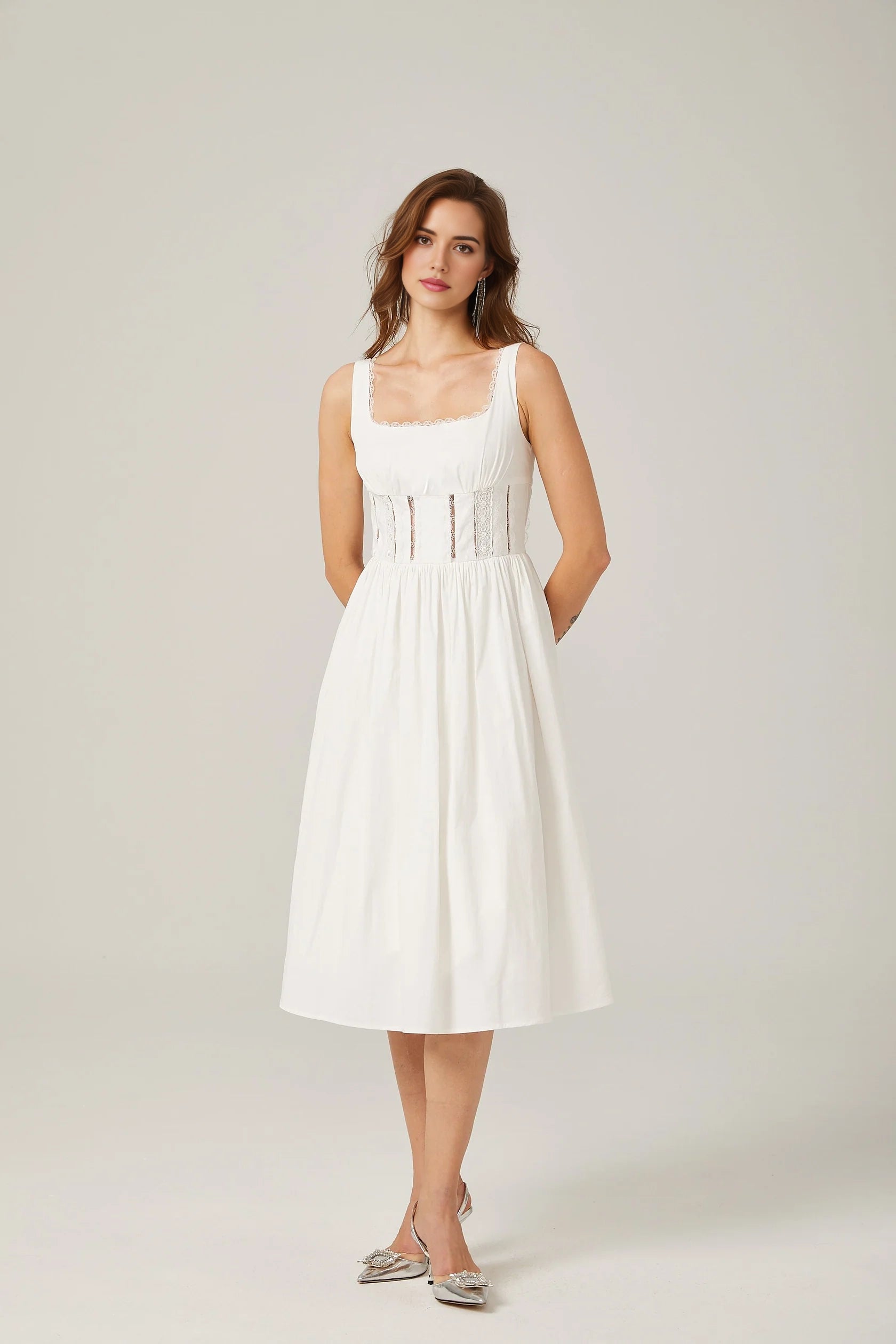 White Sleeveless Midi Dress with Lace Corset Detail white lace cut-out midi dress Evening Dress