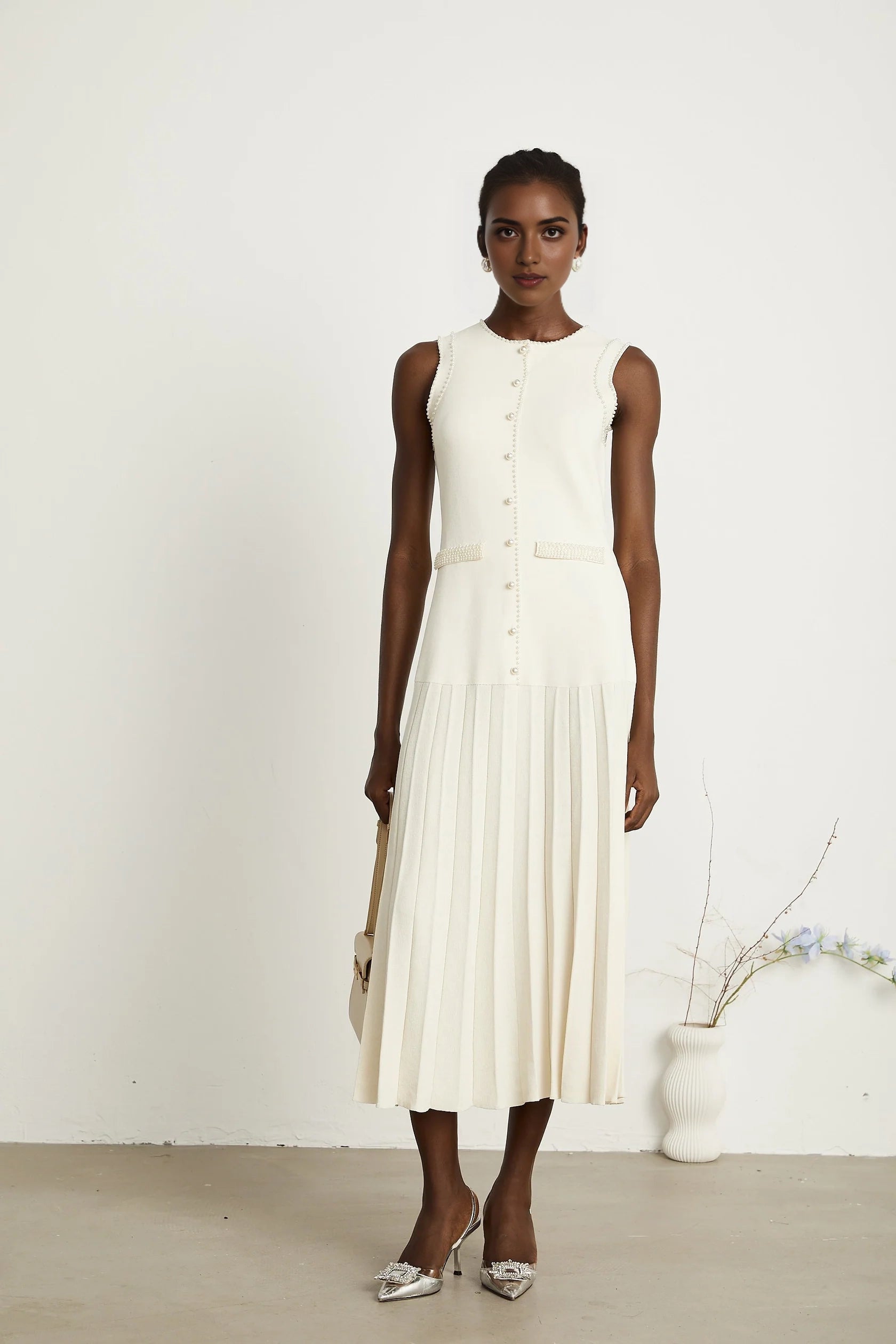 White Sleeveless Pearl - Trimmed Pleated Midi Dress white knitted faux-pearl midi dress Evening Dress