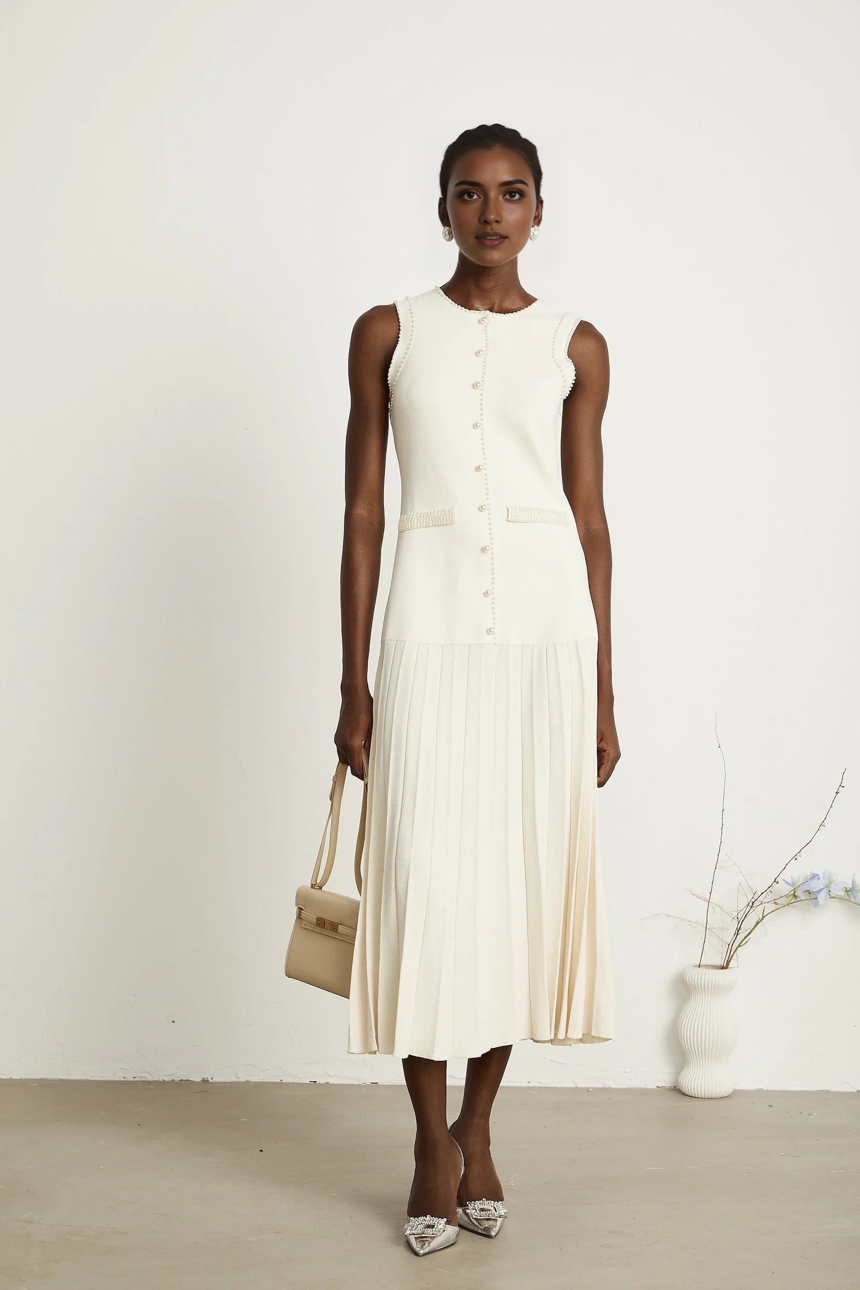 White Sleeveless Pearl - Trimmed Pleated Midi Dress white knitted faux-pearl midi dress Evening Dress