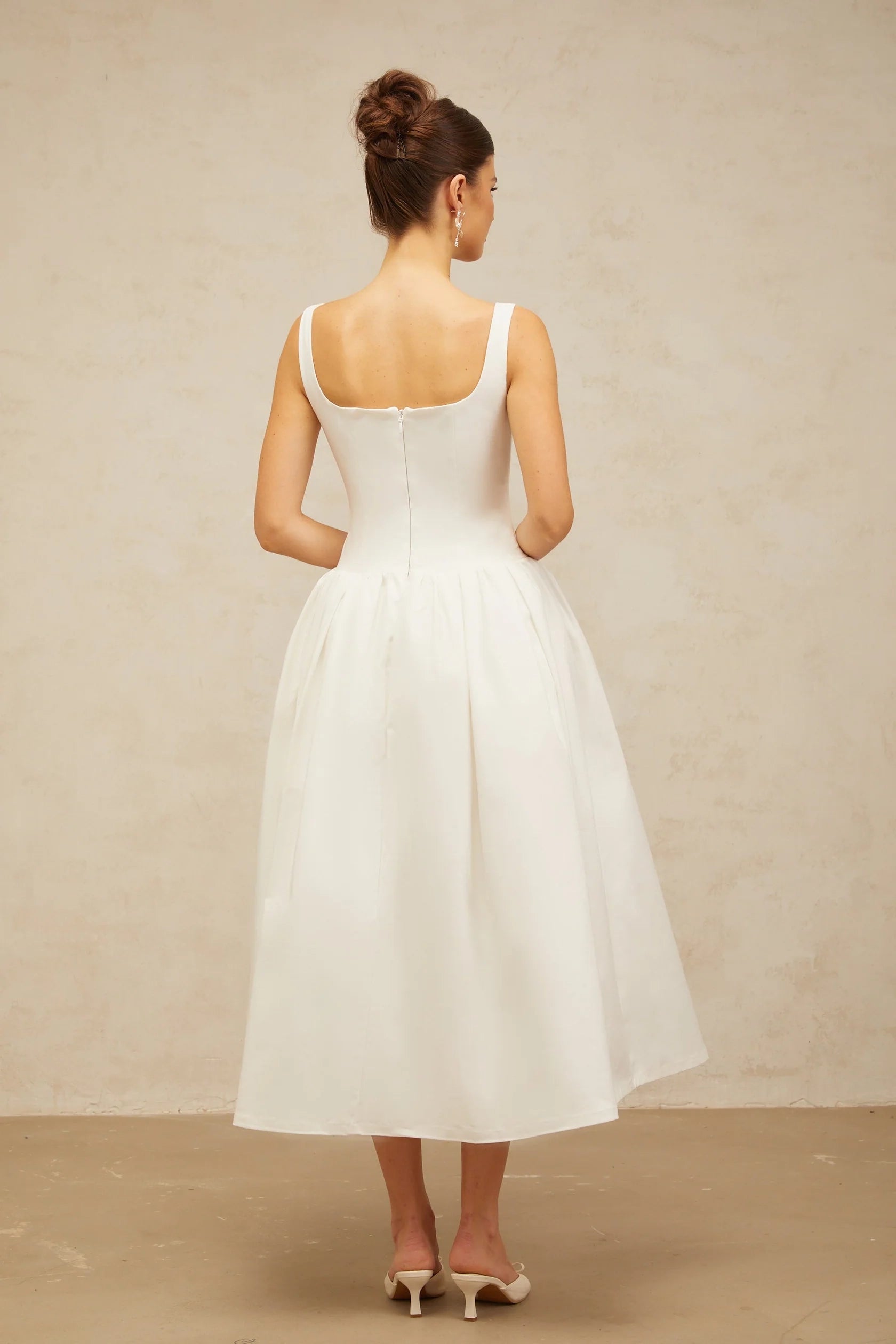 White Square Neck Midi Dress with Full Skirt white bowknot flounce midi dress Evening Dress