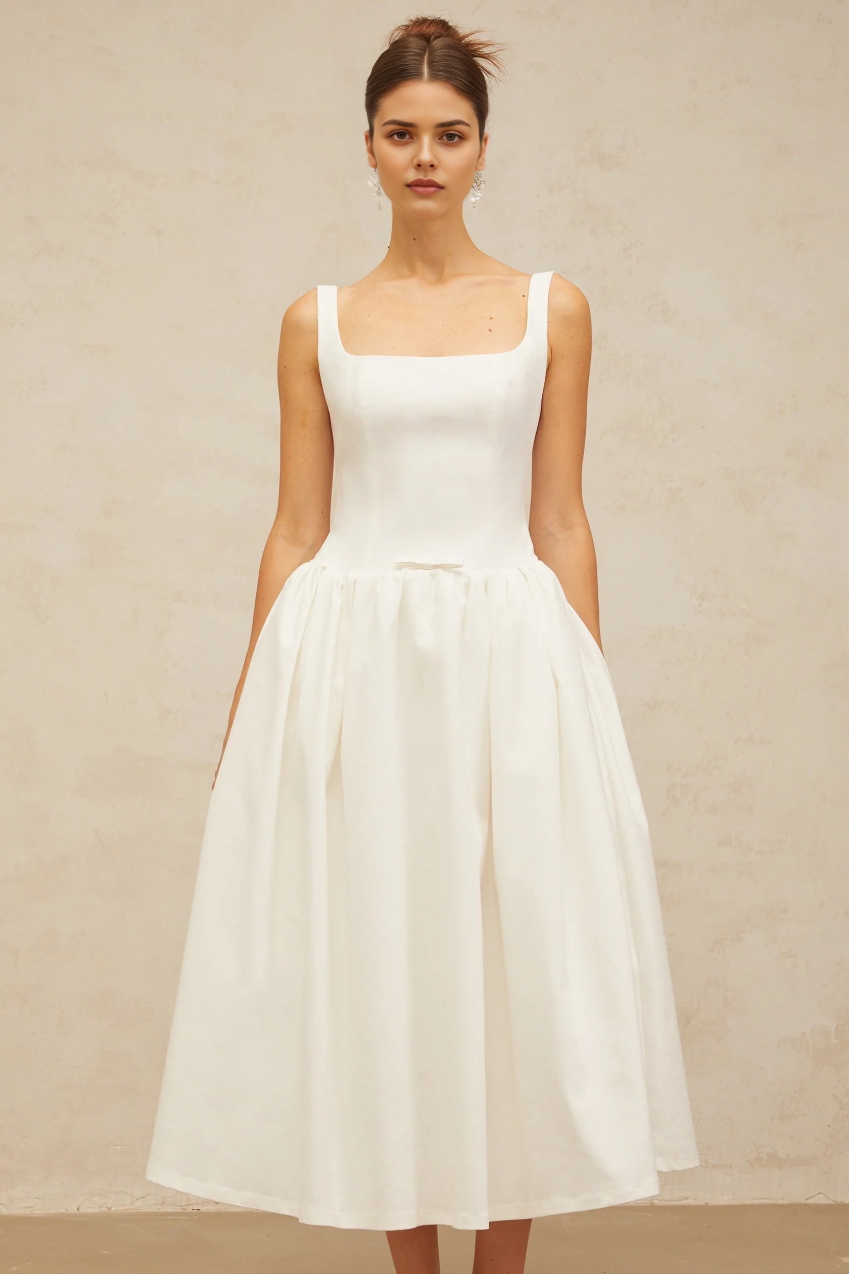 White Square Neck Midi Dress with Full Skirt white bowknot flounce midi dress Evening Dress