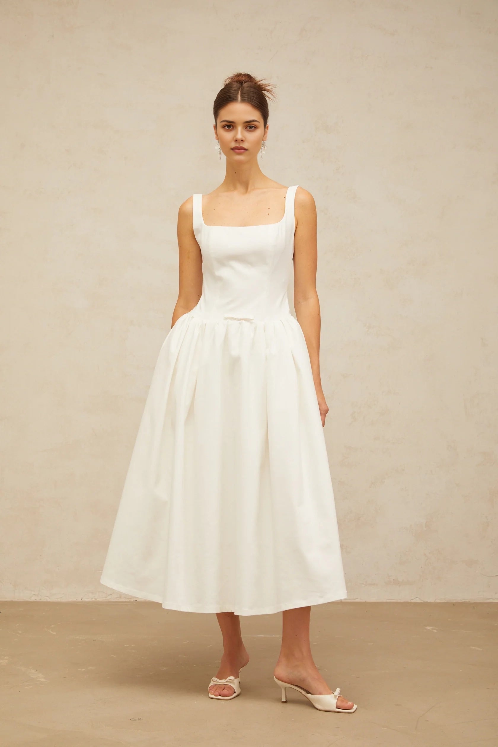 White Square Neck Midi Dress with Full Skirt white bowknot flounce midi dress Evening Dress