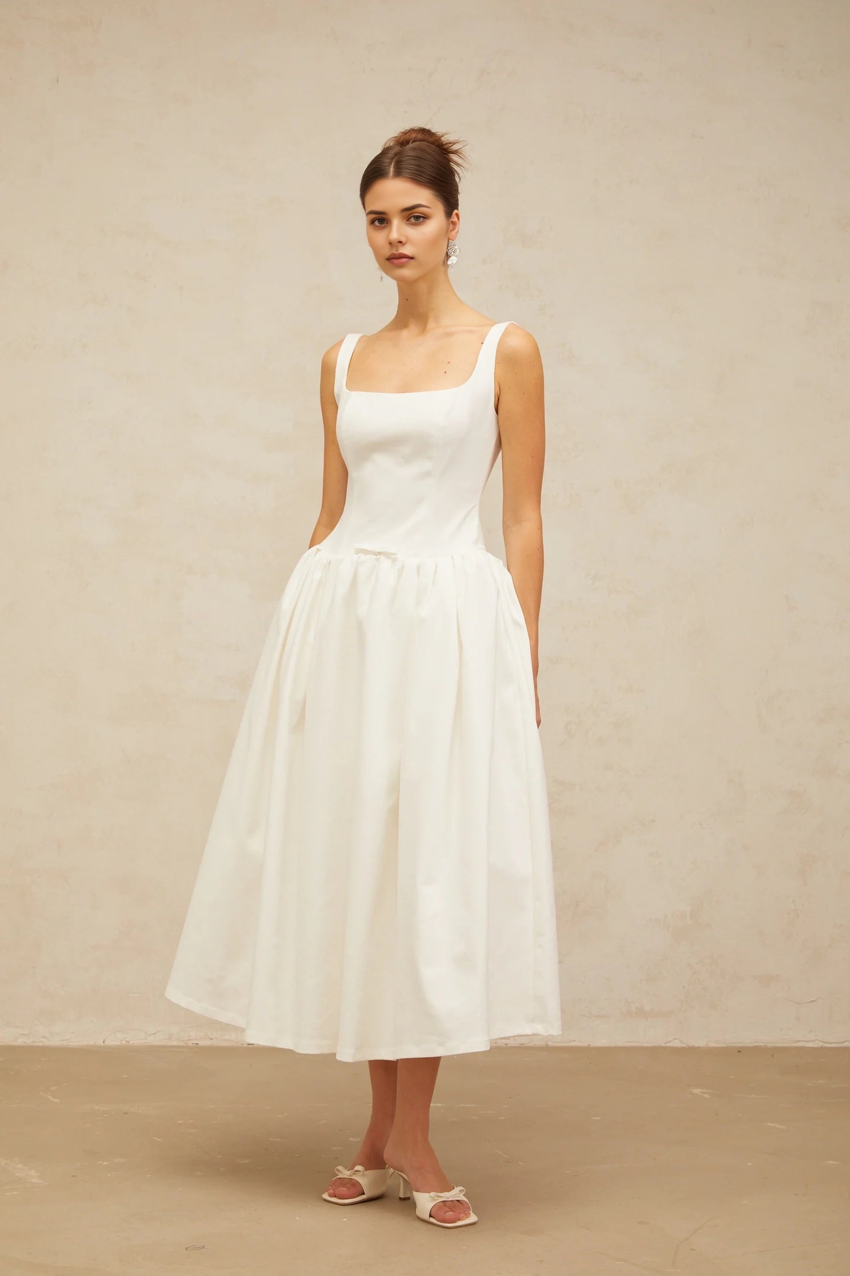 White Square Neck Midi Dress with Full Skirt white bowknot flounce midi dress Evening Dress