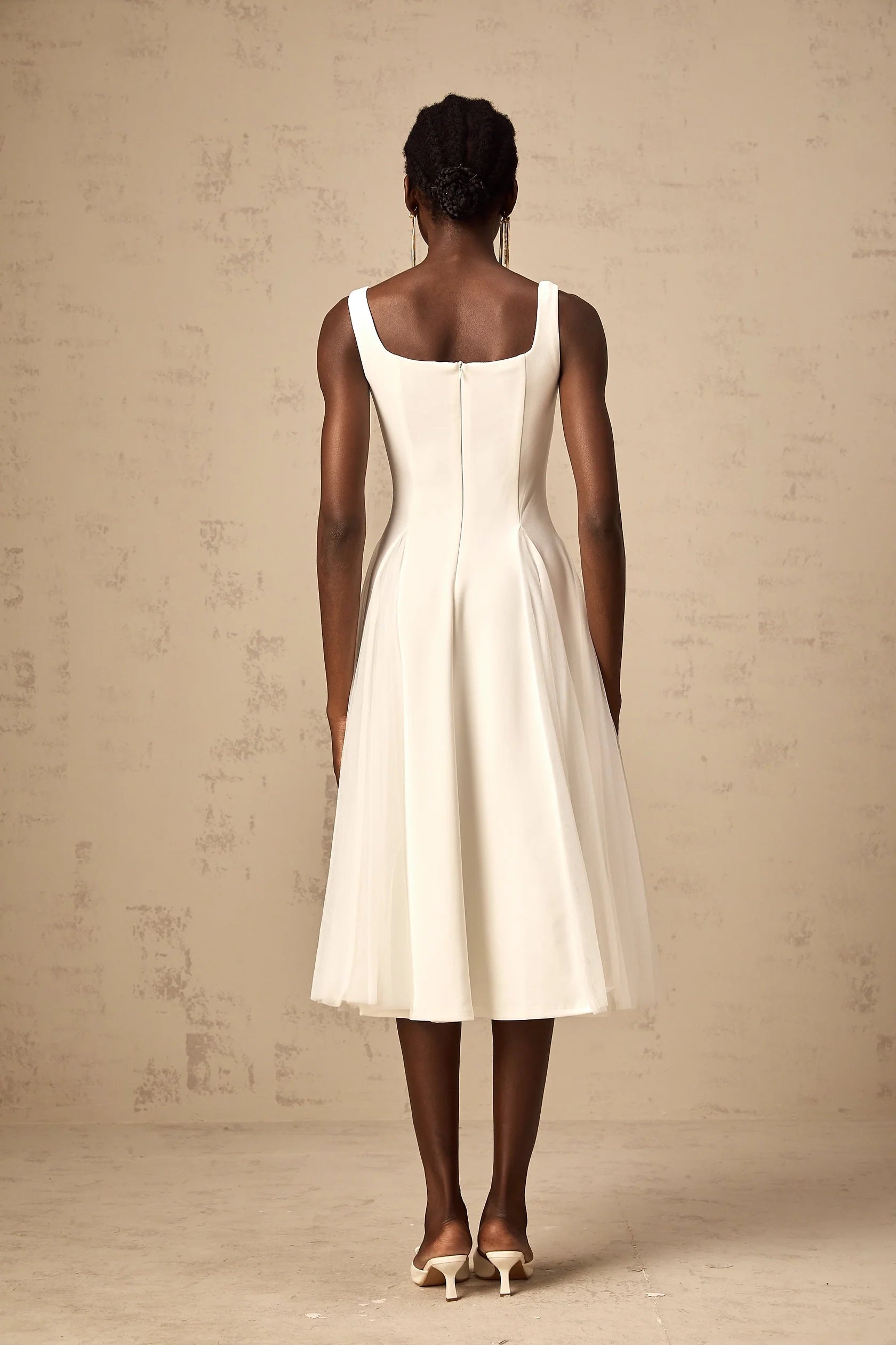 White Square Neck Tulle Midi Dress white tulle godet midi dress Evening Dress