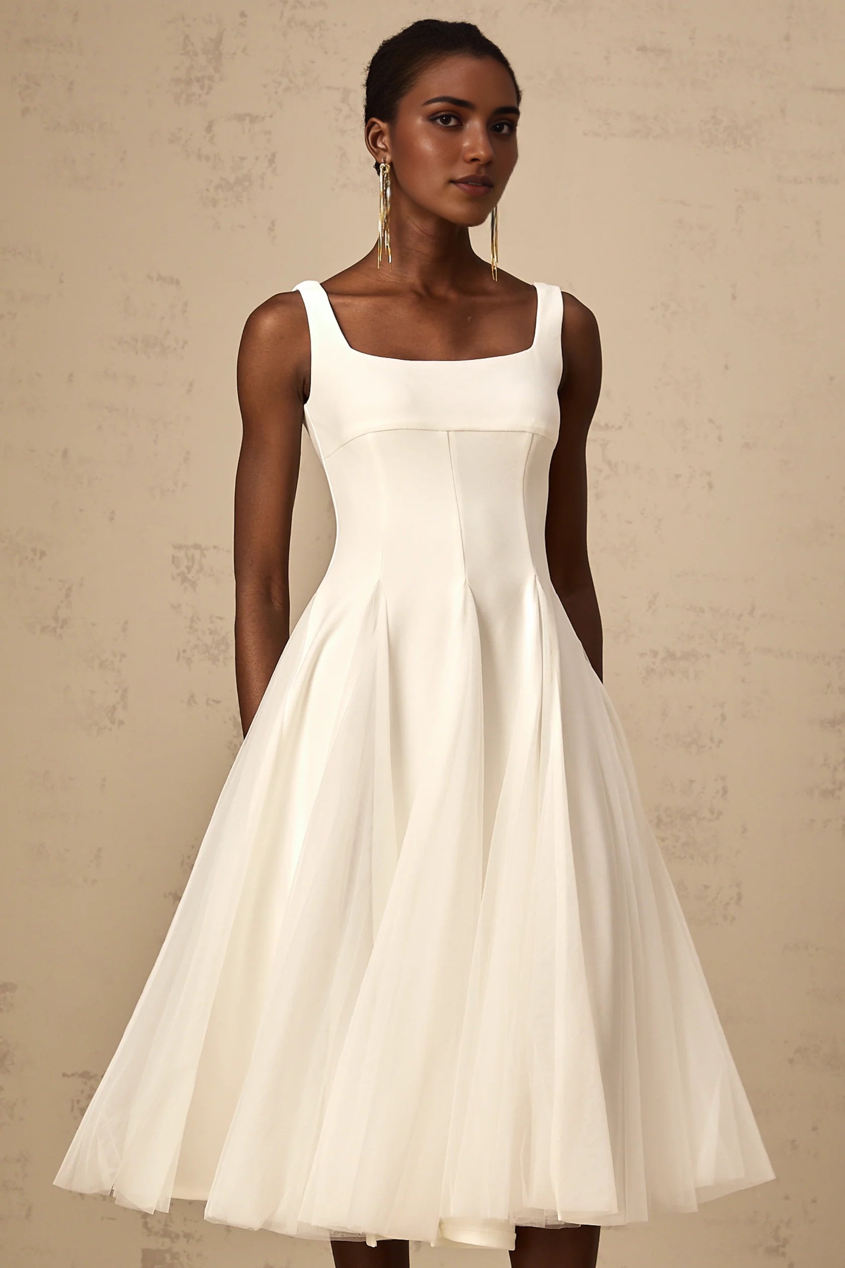 White Square Neck Tulle Midi Dress white tulle godet midi dress Evening Dress