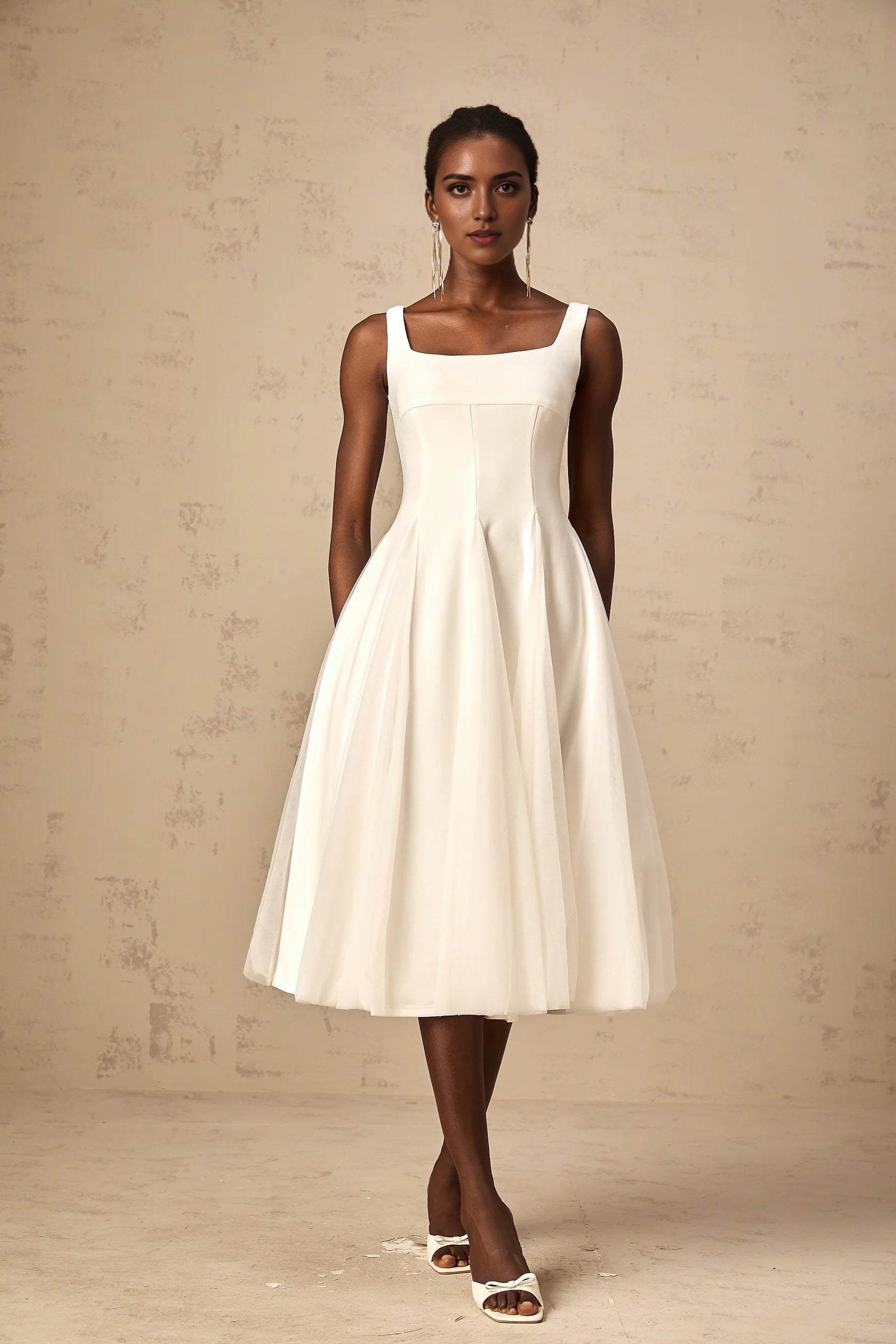 White Square Neck Tulle Midi Dress white tulle godet midi dress Evening Dress
