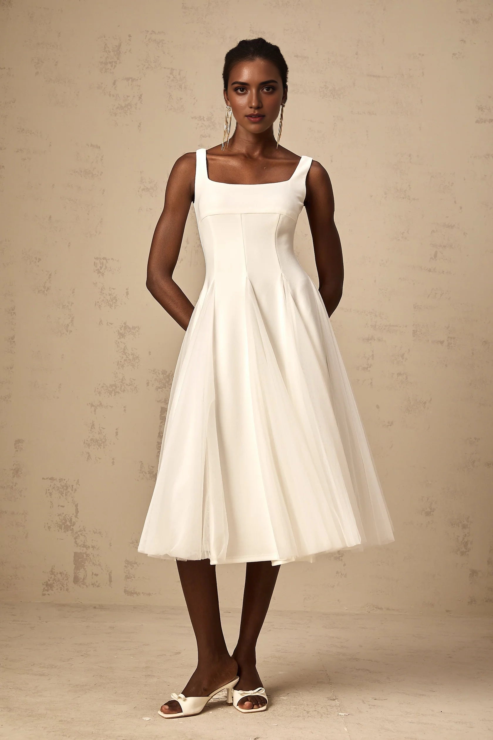 White Square Neck Tulle Midi Dress white tulle godet midi dress Evening Dress