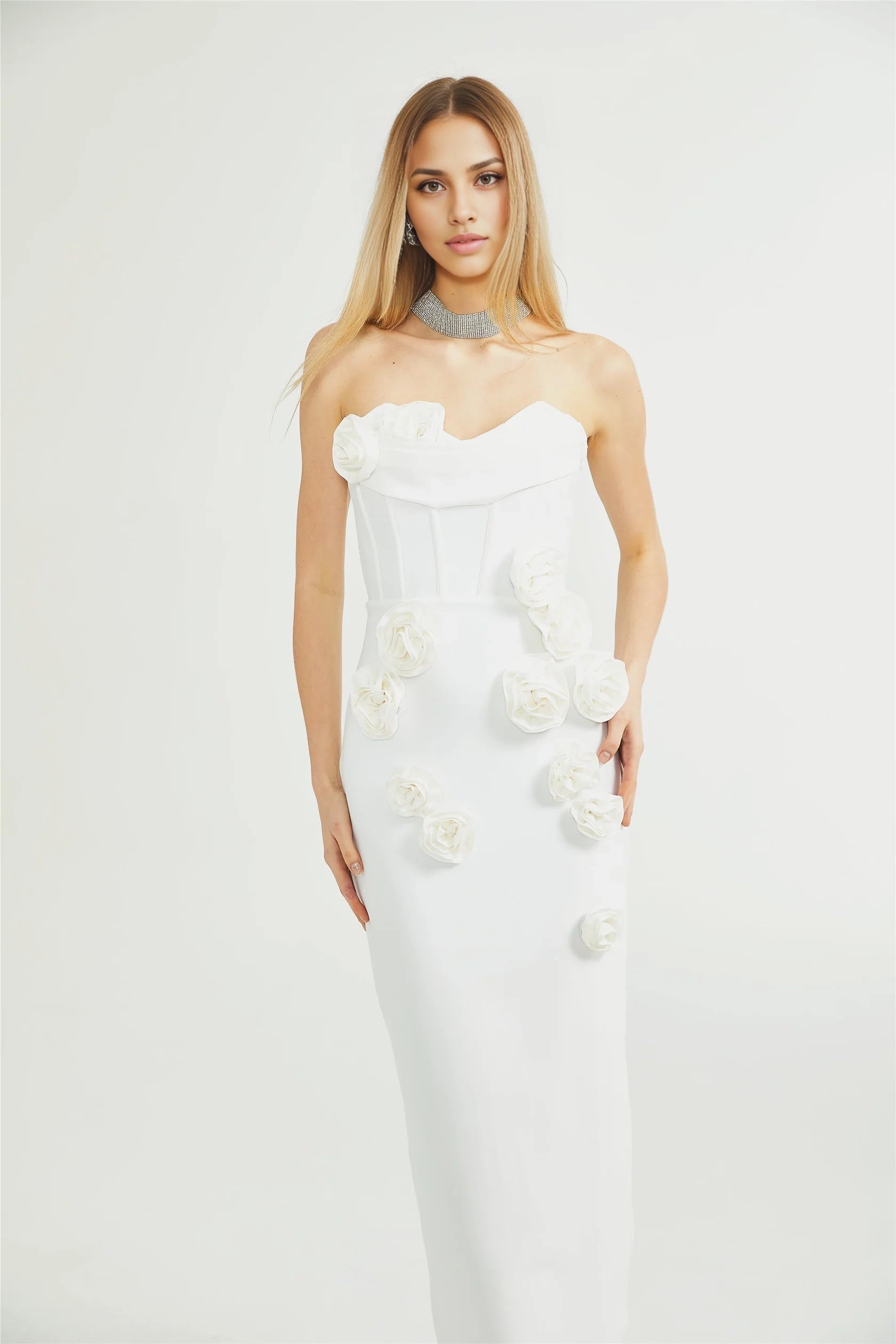 White Strapless 3D Floral Maxi Dress off-shoulder floral dress Evening Dress