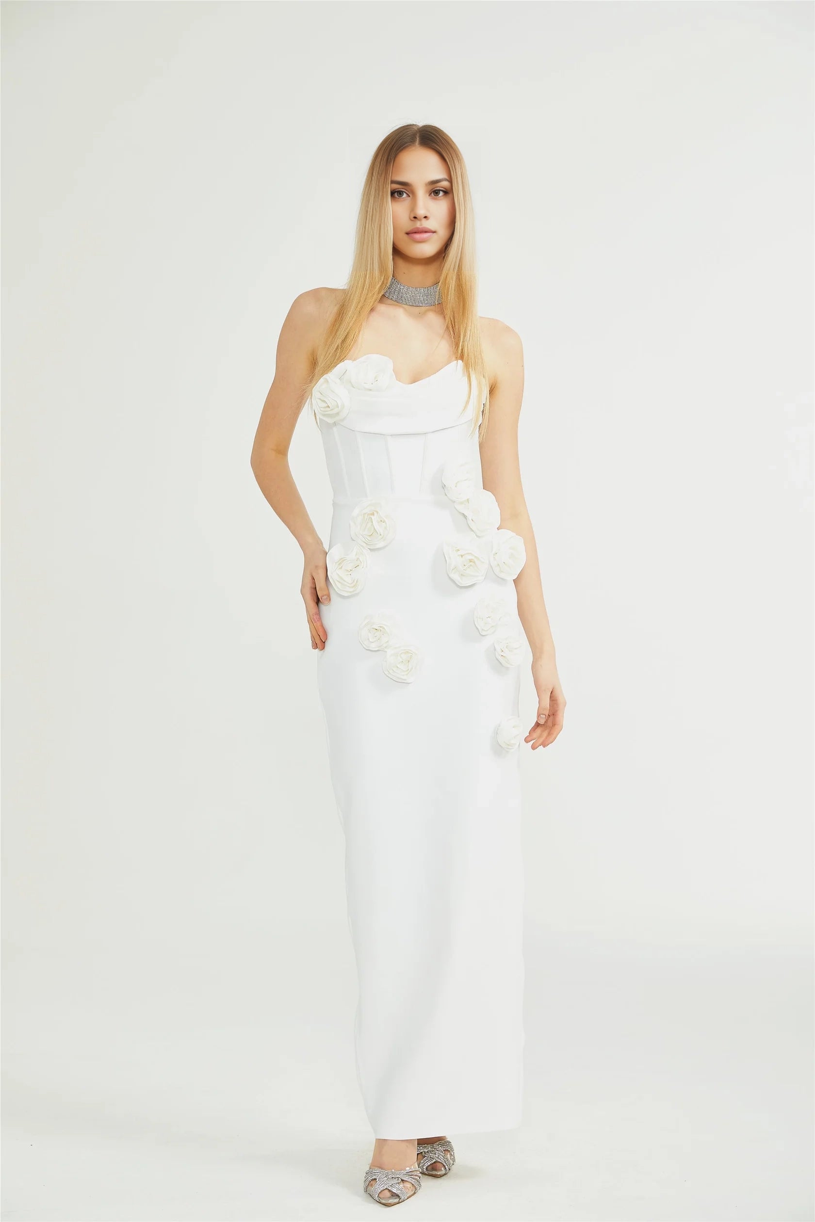 White Strapless 3D Floral Maxi Dress off-shoulder floral dress Evening Dress